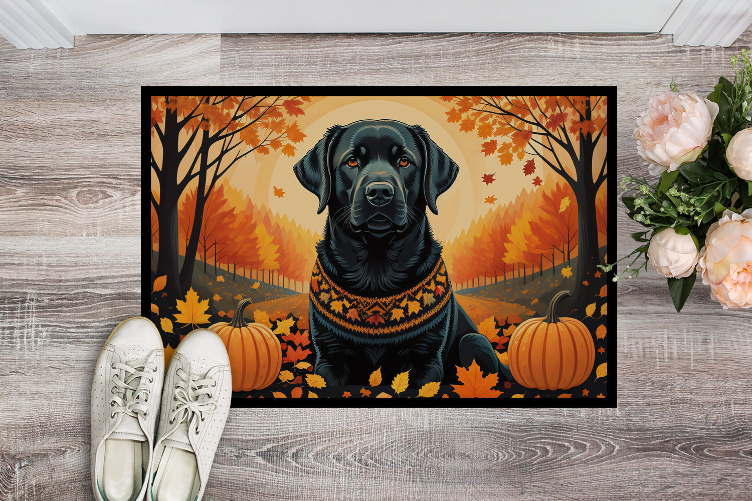 Black Labrador Retriever Fall Doormat Indoor Outdoor 24H X 36W Front Door Mat Rugs for Entryway, Non Slip Washable Low Pile,