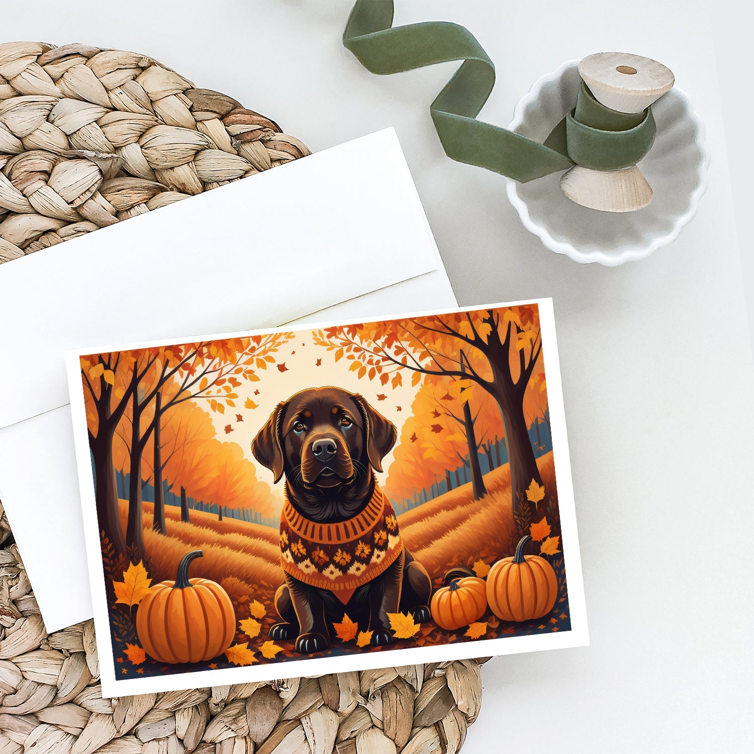 Chocolate Labrador Retriever Fall Greeting Cards Pack of 8 Blank Cards with Envelopes Whimsical A7 Size 5x7
