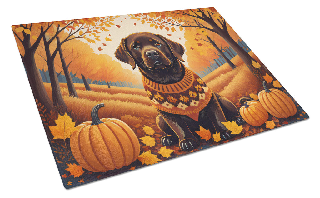 Chocolate Labrador Retriever Fall Cutting Board Tempered Glass Kitchen Cutting Surface, Heat Resistant Chopping, Non-Slip Feet, Food Prep & Serving