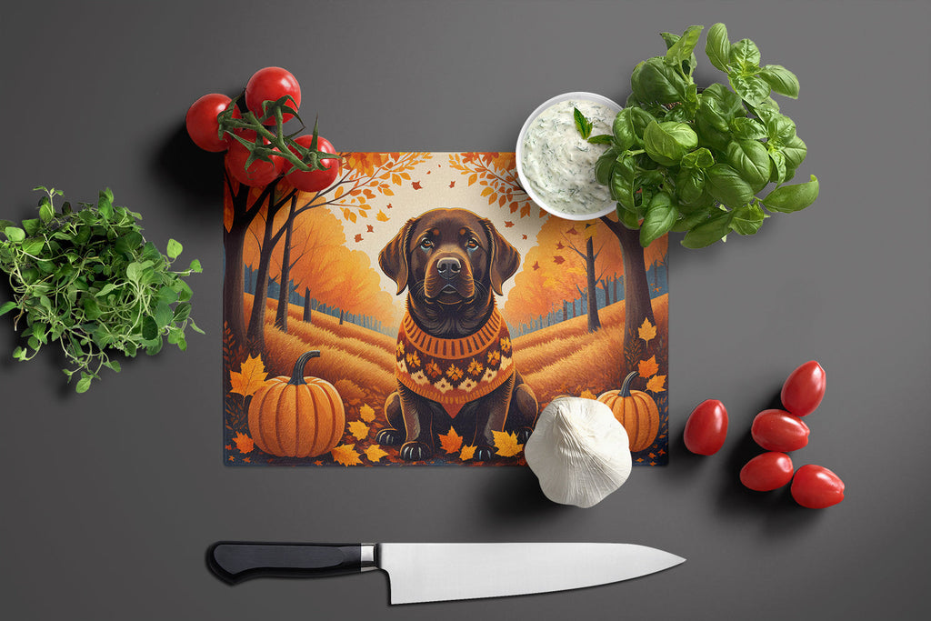 Chocolate Labrador Retriever Fall Cutting Board Tempered Glass Kitchen Cutting Surface, Heat Resistant Chopping, Non-Slip Feet, Food Prep & Serving