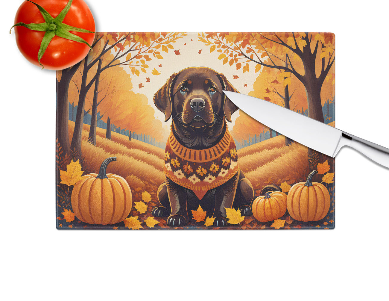Chocolate Labrador Retriever Fall Cutting Board Tempered Glass Kitchen Cutting Surface, Heat Resistant Chopping, Non-Slip Feet, Food Prep & Serving