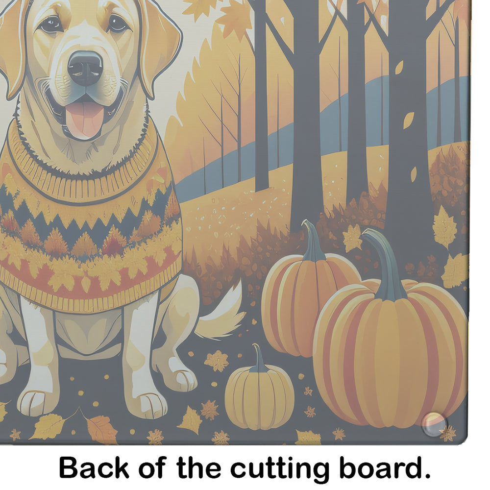 Yellow Labrador Retriever Fall Cutting Board Tempered Glass Kitchen Cutting Surface, Heat Resistant Chopping, Non-Slip Feet, Food Prep & Serving