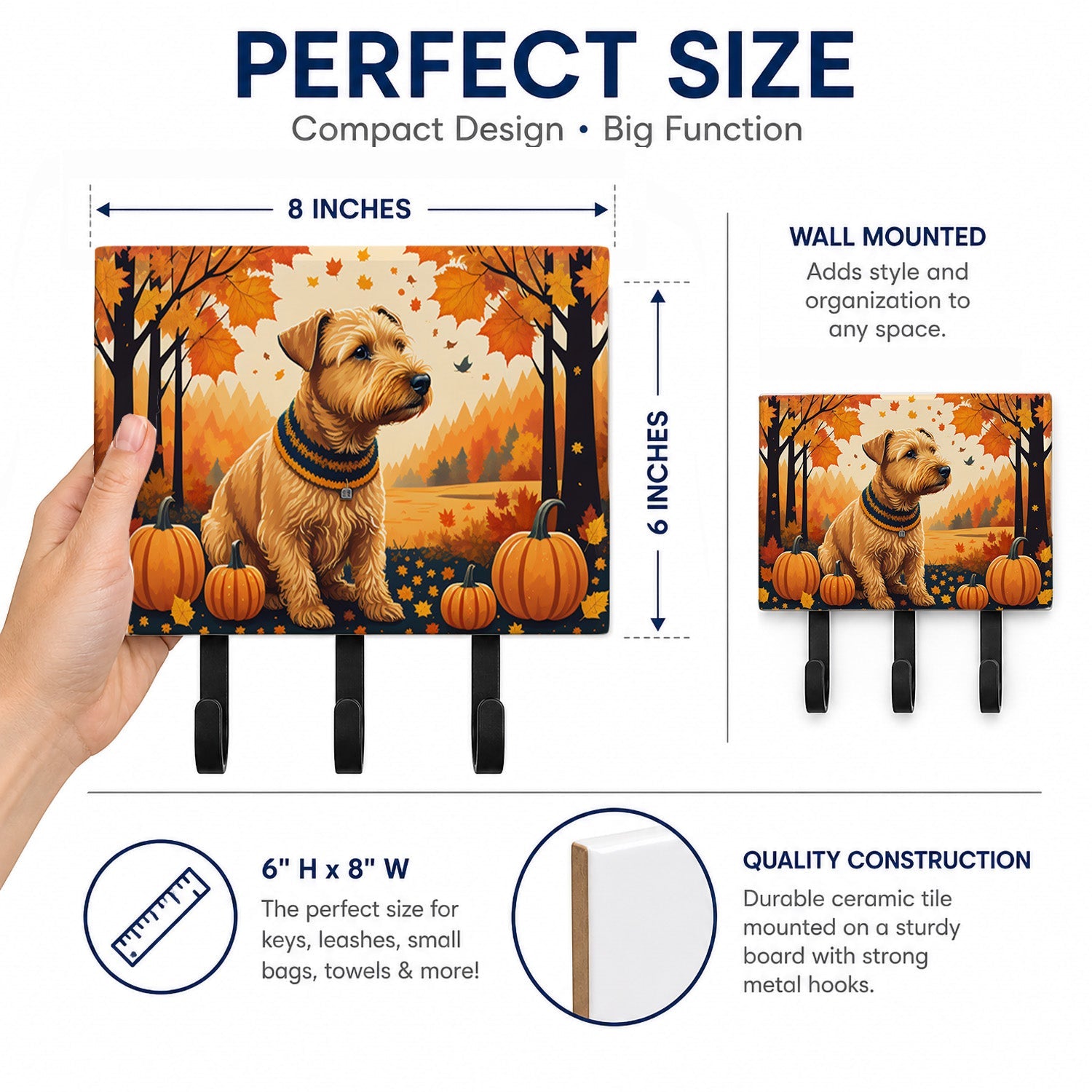 Lakeland Terrier Fall Leash or Key Holder Wall Hooks, Coat Rack Wall Mount, for Hanging Keys, Towels, Aprons, Leashes