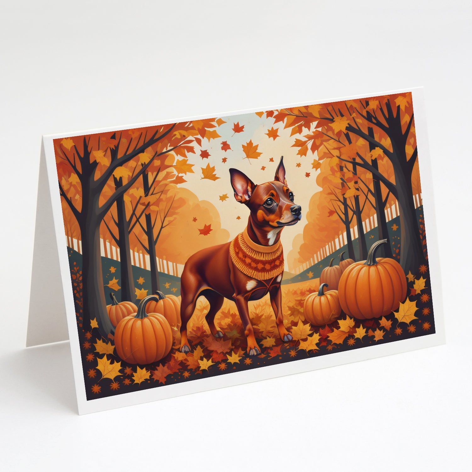 Red Miniature Pinscher Fall Greeting Cards Pack of 8 Blank Cards with Envelopes Whimsical A7 Size 5x7