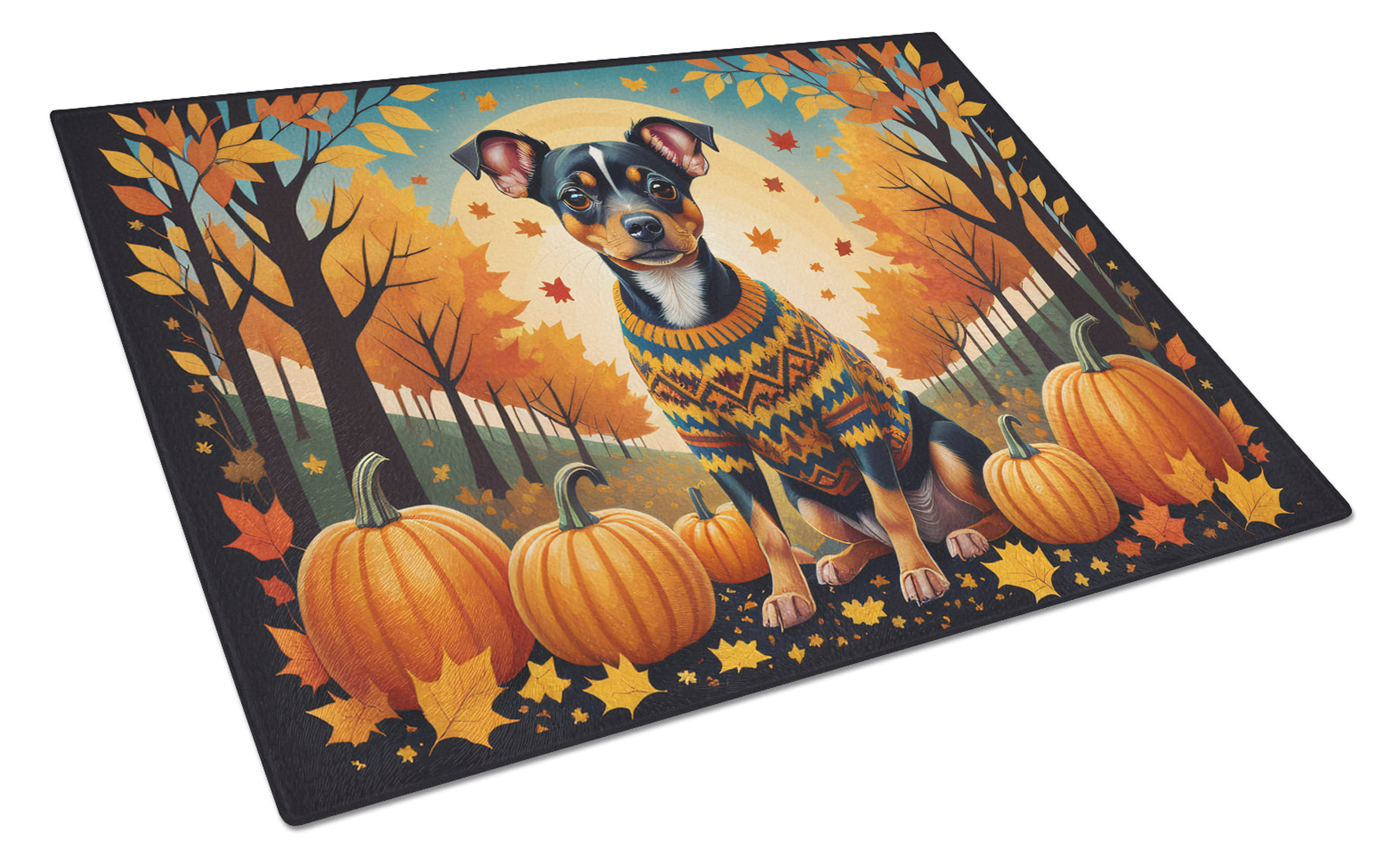 Miniature Pinscher Fall Cutting Board Tempered Glass Kitchen Cutting Surface, Heat Resistant Chopping, Non-Slip Feet, Food Prep & Serving