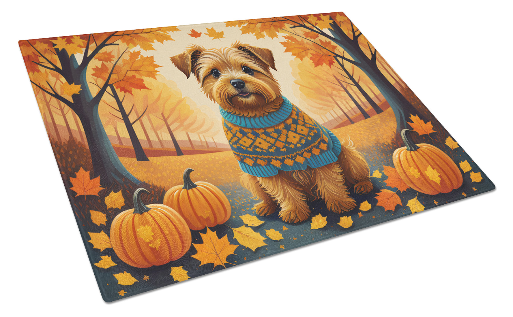 Norfolk Terrier Fall Cutting Board Tempered Glass Kitchen Cutting Surface, Heat Resistant Chopping, Non-Slip Feet, Food Prep & Serving
