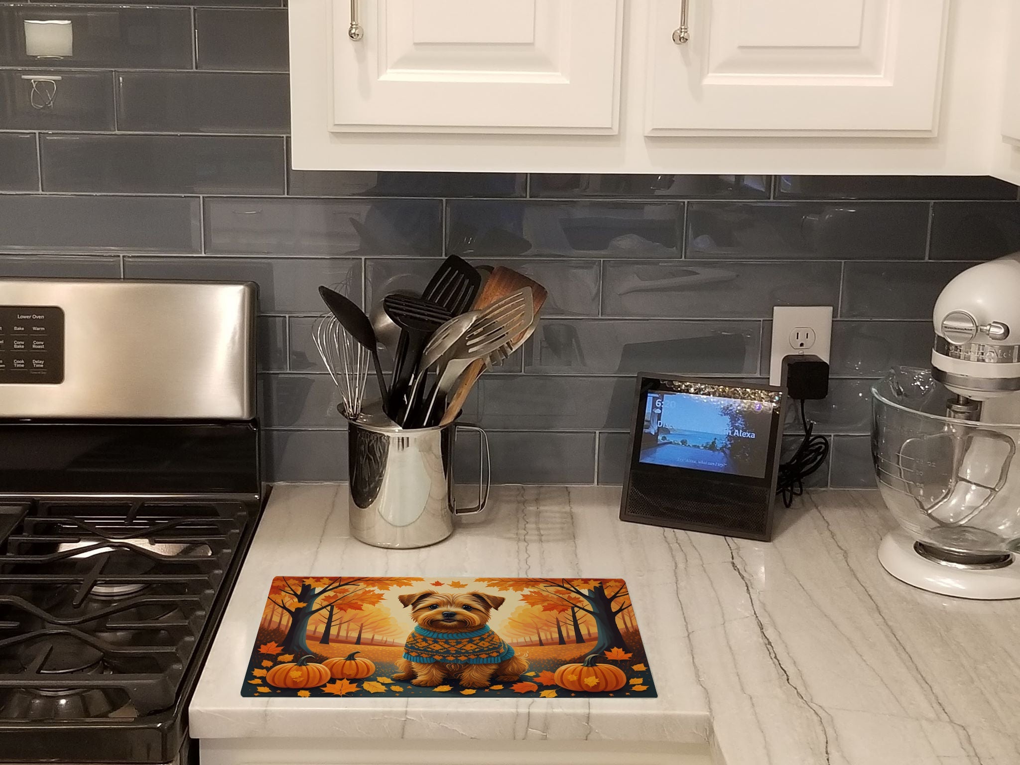 Norfolk Terrier Fall Cutting Board Tempered Glass Kitchen Cutting Surface, Heat Resistant Chopping, Non-Slip Feet, Food Prep & Serving