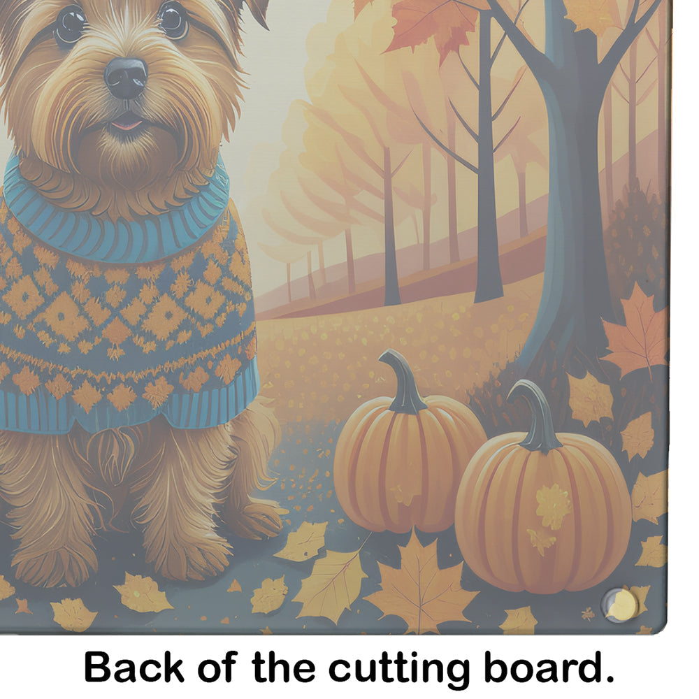 Norfolk Terrier Fall Cutting Board Tempered Glass Kitchen Cutting Surface, Heat Resistant Chopping, Non-Slip Feet, Food Prep & Serving