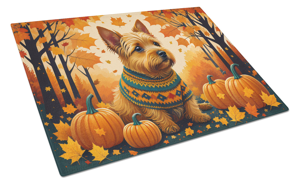 Norwich Terrier Fall Cutting Board Tempered Glass Kitchen Cutting Surface, Heat Resistant Chopping, Non-Slip Feet, Food Prep & Serving