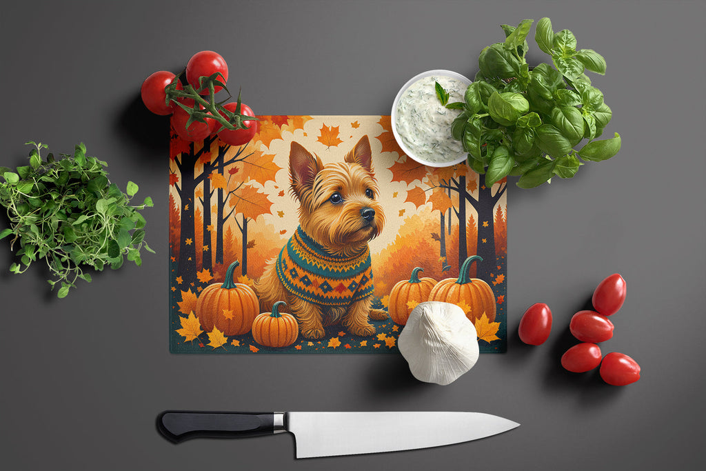 Norwich Terrier Fall Cutting Board Tempered Glass Kitchen Cutting Surface, Heat Resistant Chopping, Non-Slip Feet, Food Prep & Serving