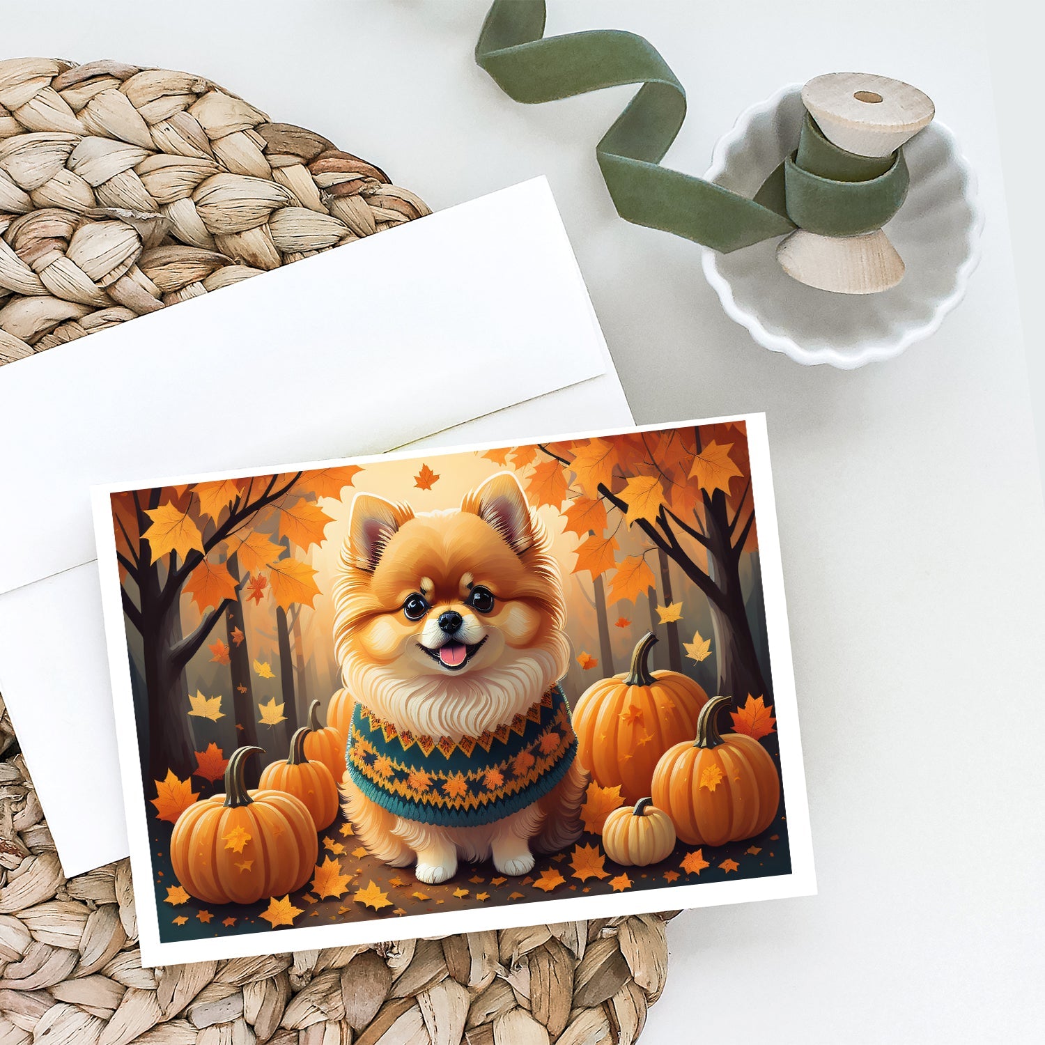 Pomeranian Fall Greeting Cards Pack of 8 Blank Cards with Envelopes Whimsical A7 Size 5x7