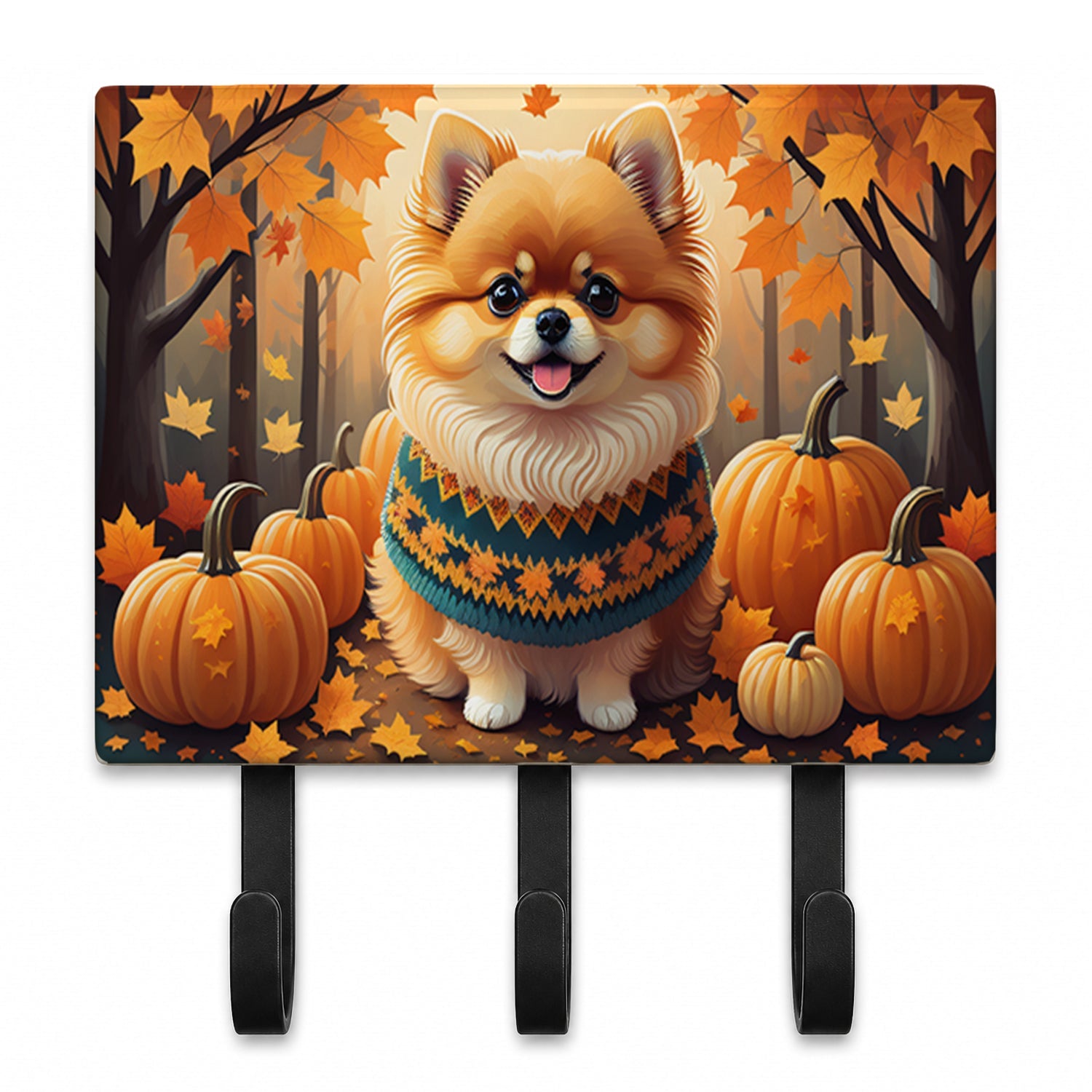 Pomeranian Fall Leash or Key Holder Wall Hooks, Coat Rack Wall Mount, for Hanging Keys, Towels, Aprons, Leashes