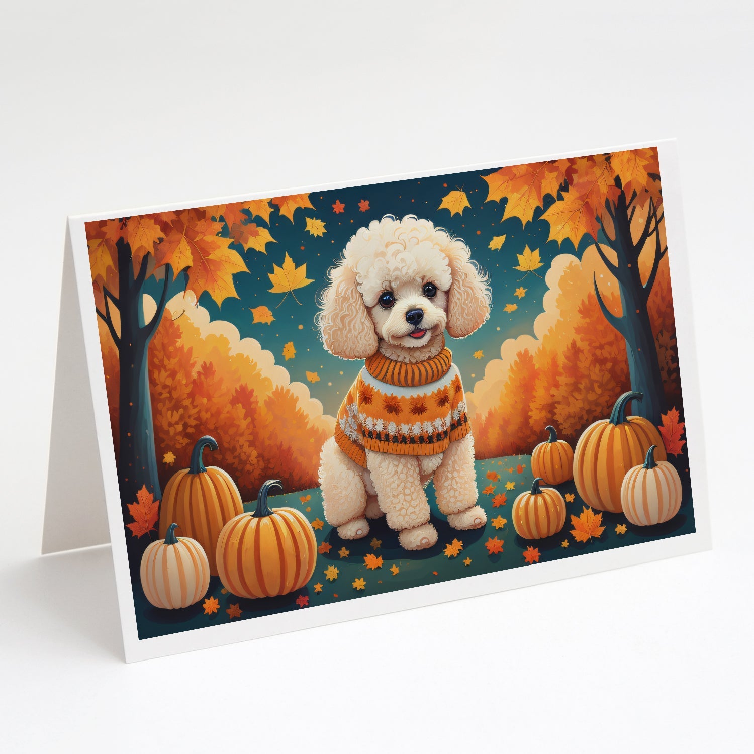 Poodle Fall Greeting Cards Pack of 8 Blank Cards with Envelopes Whimsical A7 Size 5x7