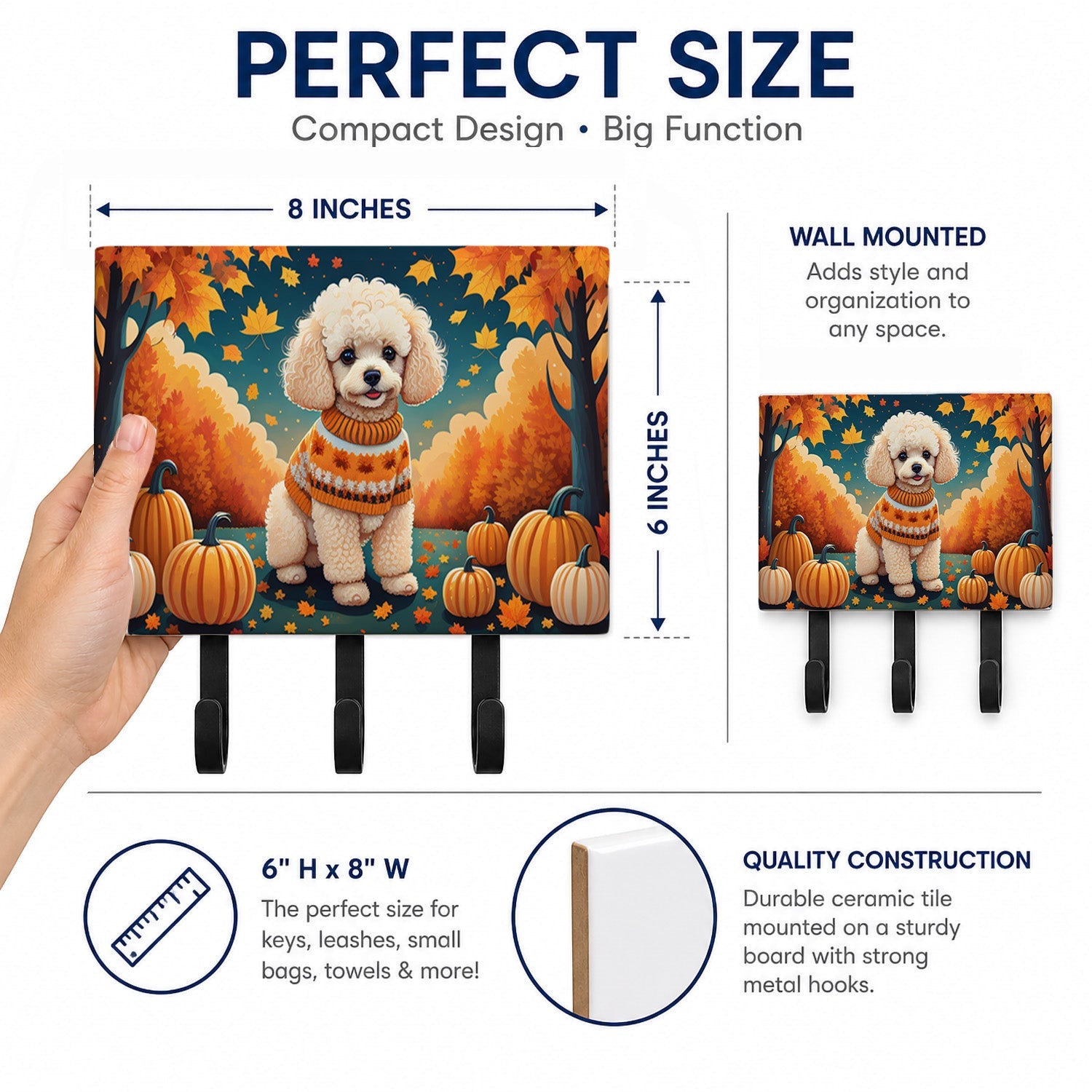 Poodle Fall Leash or Key Holder Wall Hooks, Coat Rack Wall Mount, for Hanging Keys, Towels, Aprons, Leashes