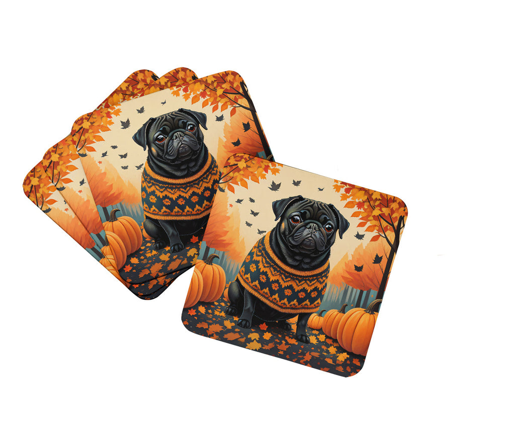 Black Pug Fall Foam Coasters Set of 4 Cup Coasters for Indoor Outdoor, Tabletop Protection, Anti Slip, Mouse pad Material