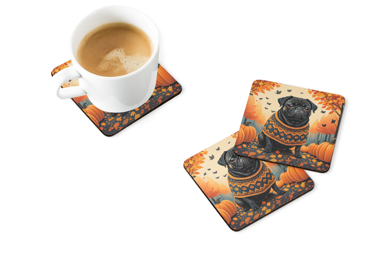 Black Pug Fall Foam Coasters Set of 4 Cup Coasters for Indoor Outdoor, Tabletop Protection, Anti Slip, Mouse pad Material