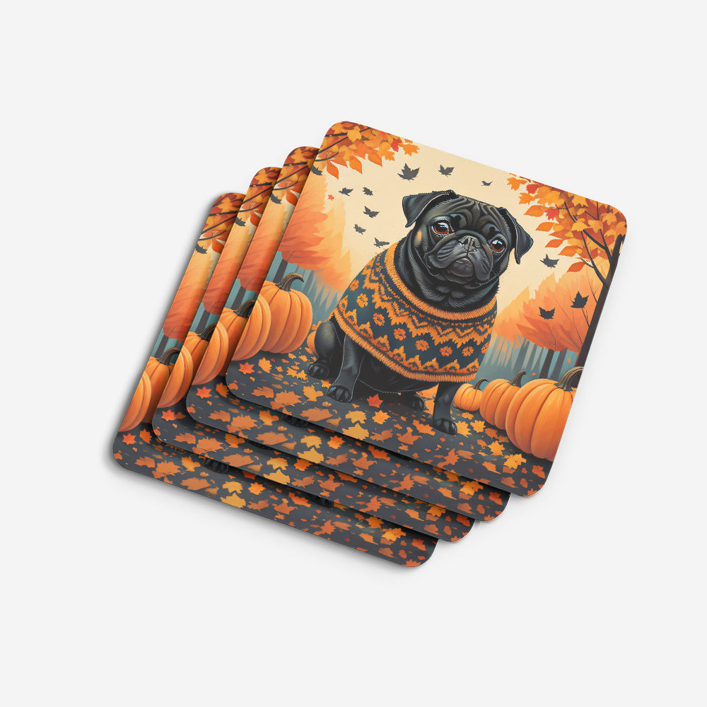 Black Pug Fall Foam Coasters Set of 4 Cup Coasters for Indoor Outdoor, Tabletop Protection, Anti Slip, Mouse pad Material
