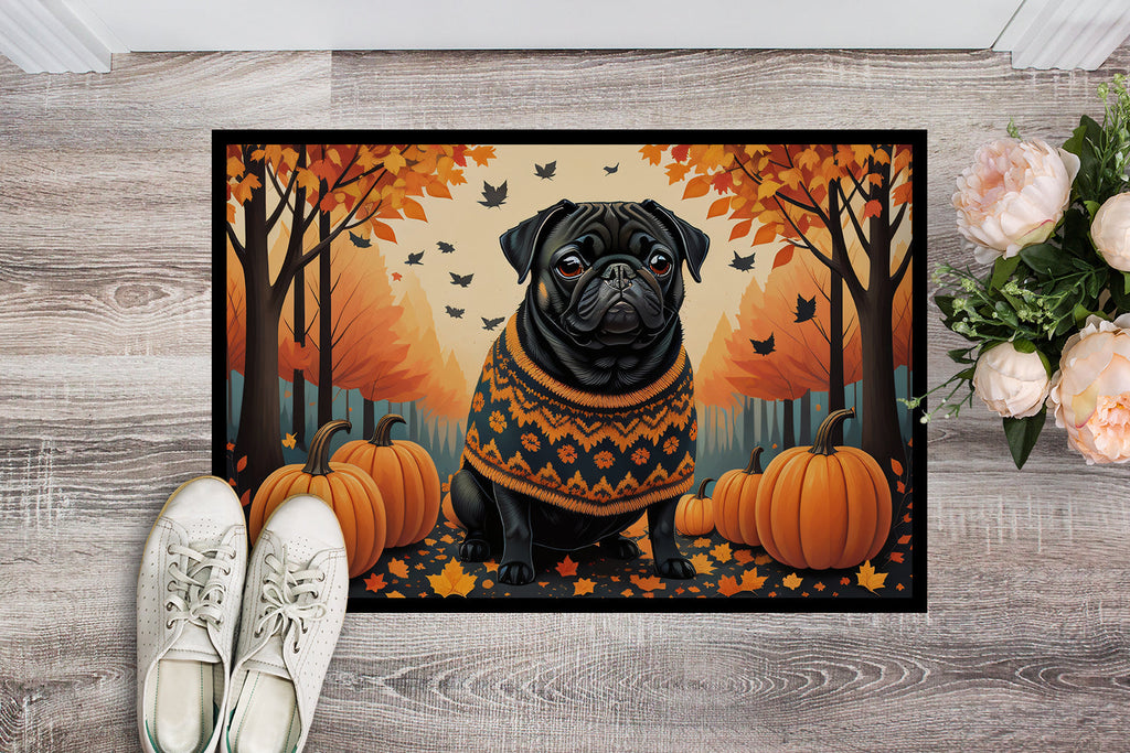 Black Pug Fall Doormat Indoor Outdoor 18H X 27W Front Door Mat Rugs for Entryway, Non Slip Washable