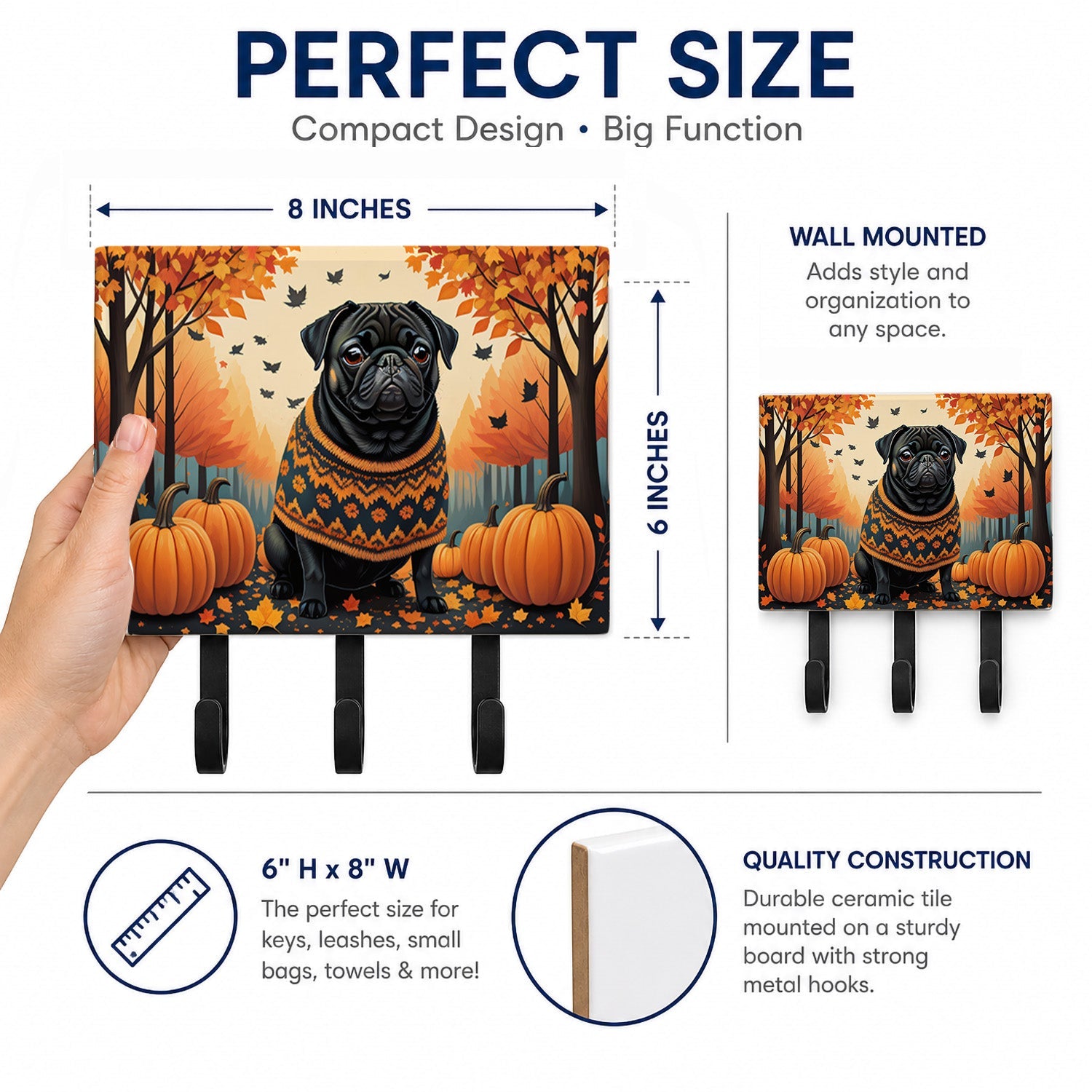 Black Pug Fall Leash or Key Holder Wall Hooks, Coat Rack Wall Mount, for Hanging Keys, Towels, Aprons, Leashes