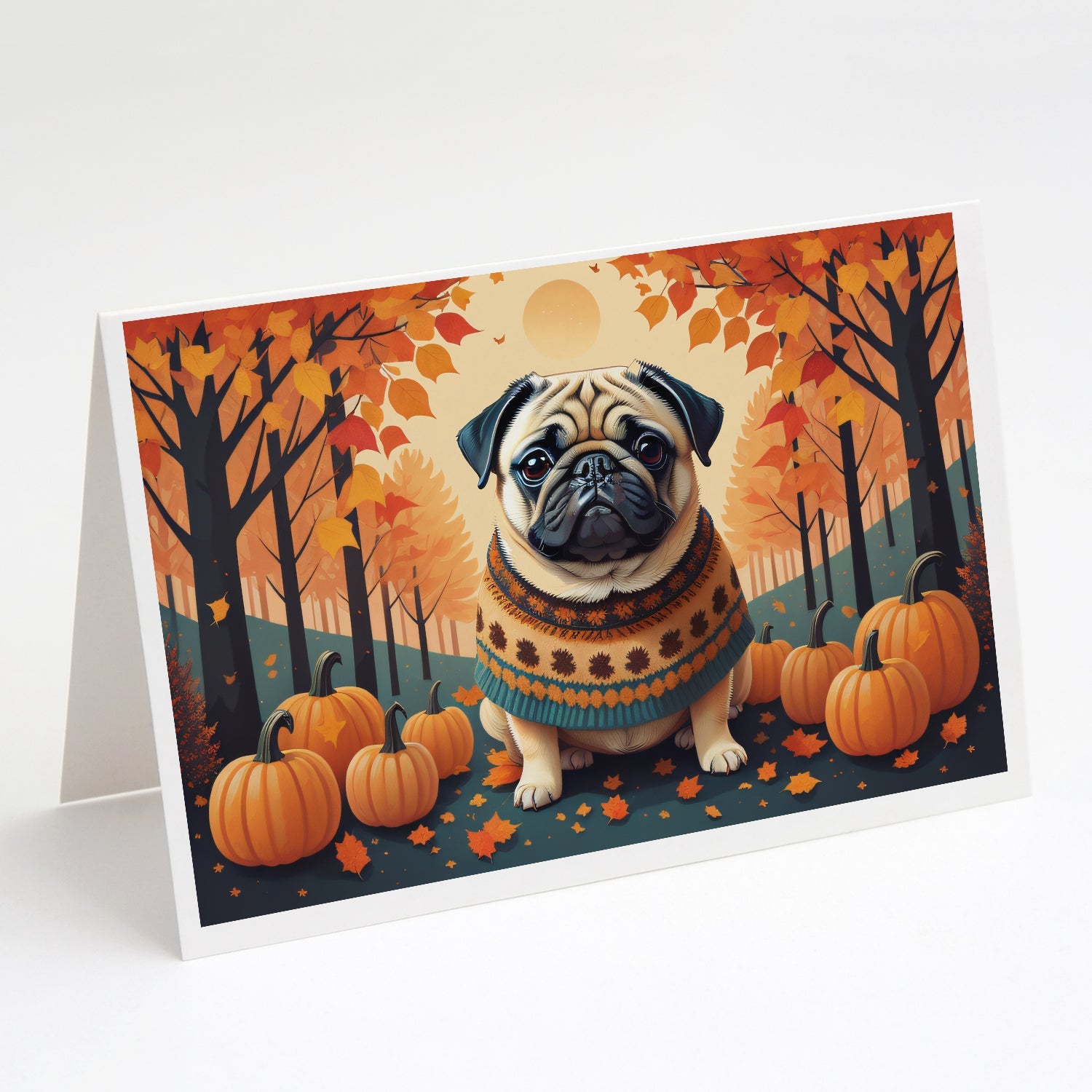 Fawn Pug Fall Greeting Cards Pack of 8 Blank Cards with Envelopes Whimsical A7 Size 5x7