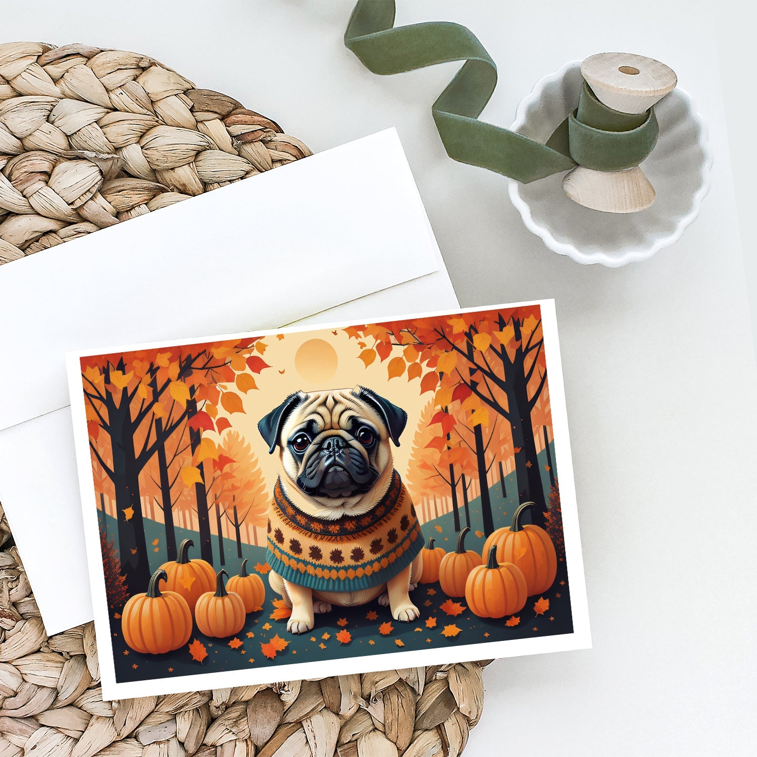 Fawn Pug Fall Greeting Cards Pack of 8 Blank Cards with Envelopes Whimsical A7 Size 5x7