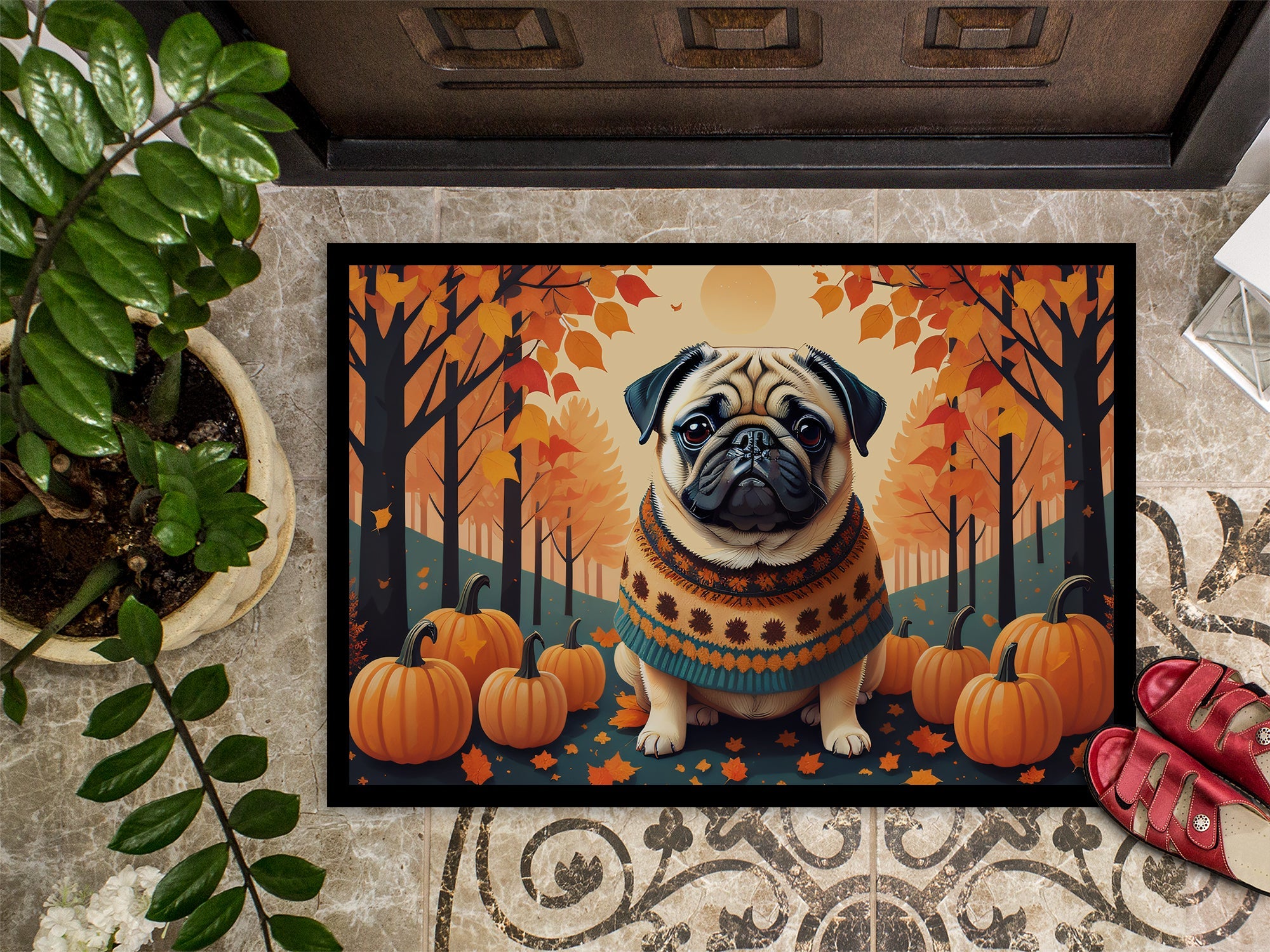 Fawn Pug Fall Doormat Indoor Outdoor 24H X 36W Front Door Mat Rugs for Entryway, Non Slip Washable Low Pile,