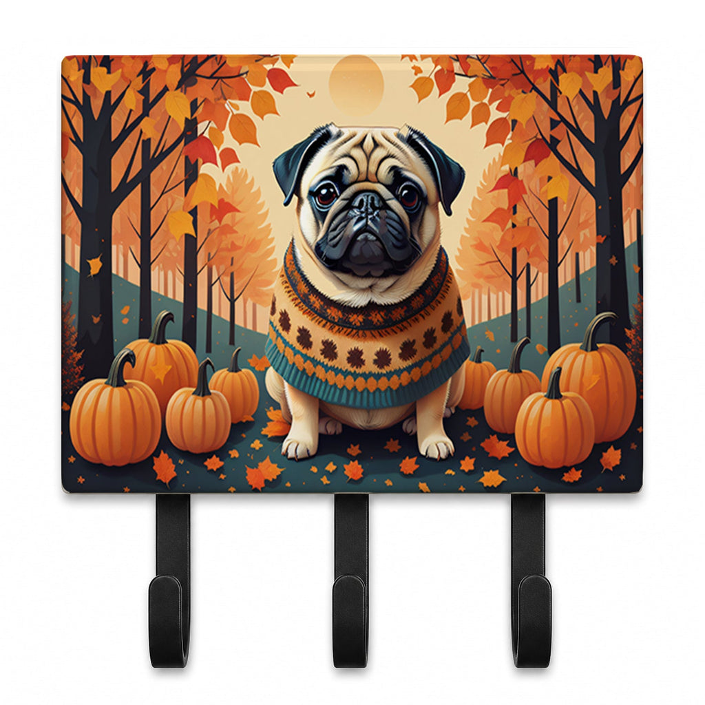 Fawn Pug Fall Leash or Key Holder Wall Hooks, Coat Rack Wall Mount, for Hanging Keys, Towels, Aprons, Leashes