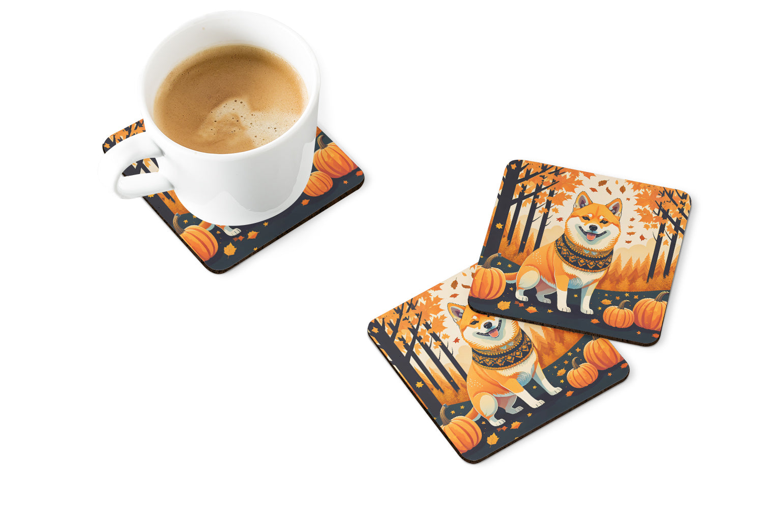 Shiba Inu Fall Foam Coasters Set of 4 Cup Coasters for Indoor Outdoor, Tabletop Protection, Anti Slip, Mouse pad Material
