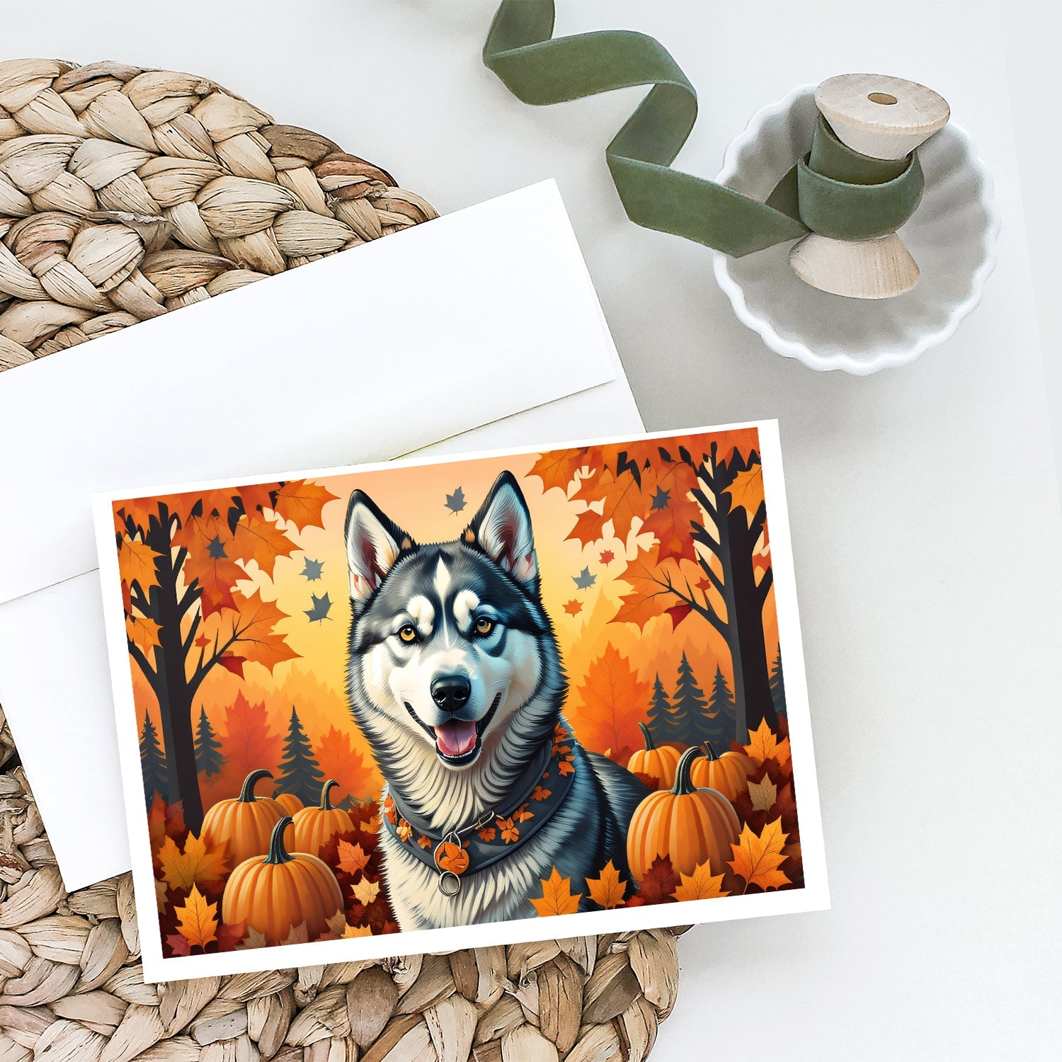 Siberian Husky Fall Greeting Cards Pack of 8 Blank Cards with Envelopes Whimsical A7 Size 5x7