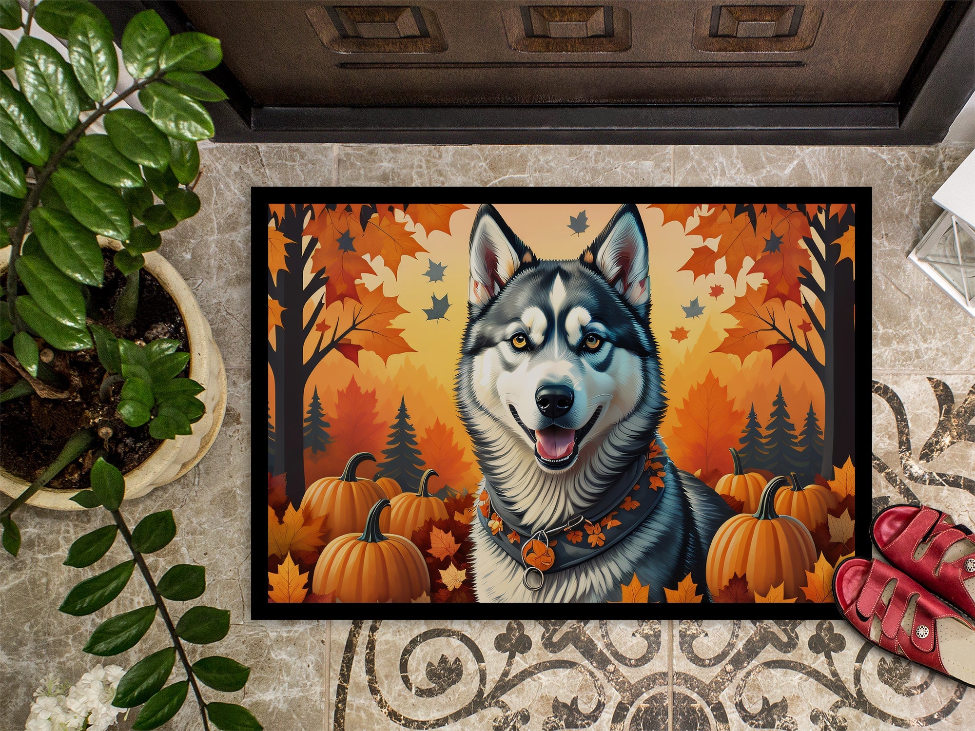Siberian Husky Fall Doormat Indoor Outdoor 18H X 27W Front Door Mat Rugs for Entryway, Non Slip Washable