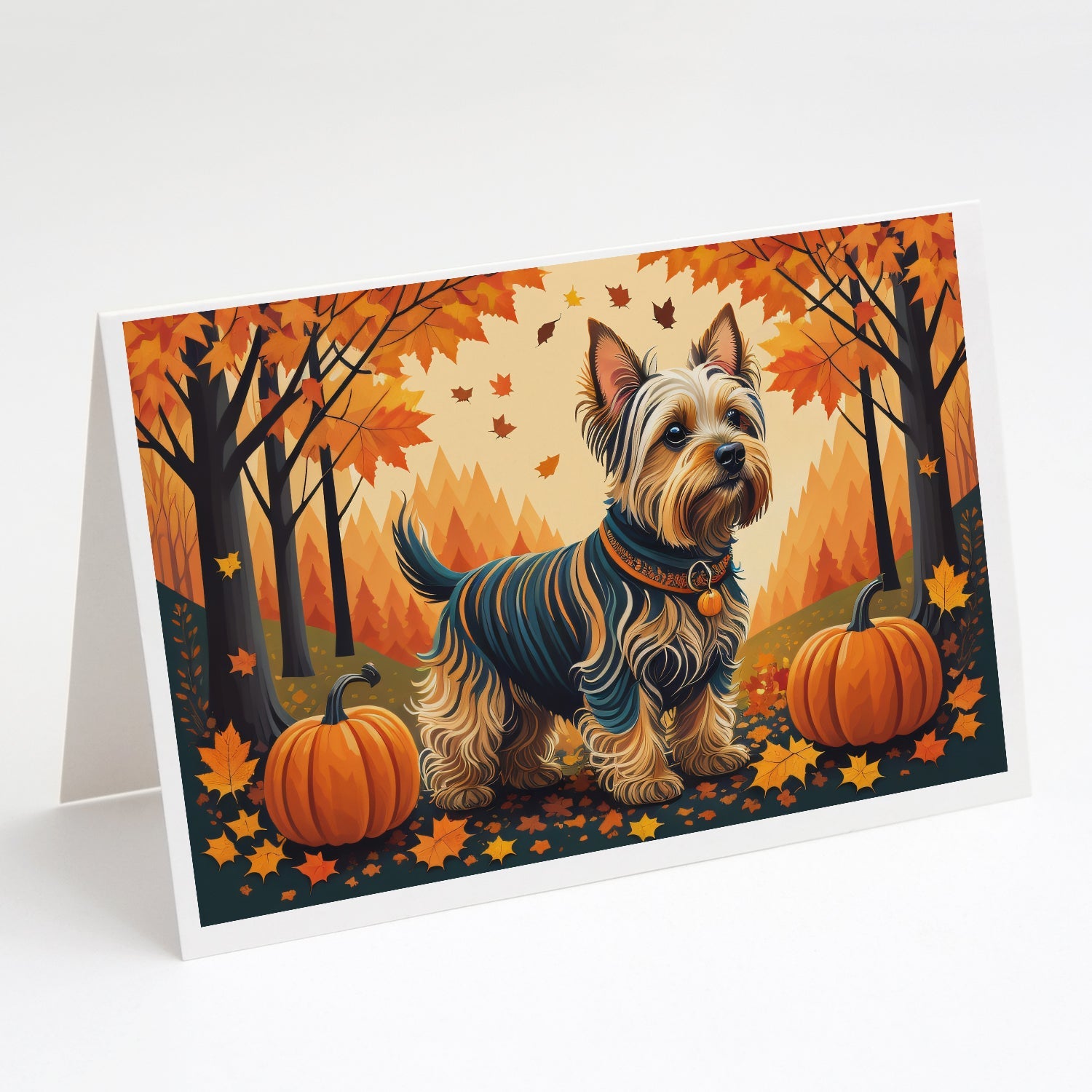 Silky Terrier Fall Greeting Cards Pack of 8 Blank Cards with Envelopes Whimsical A7 Size 5x7
