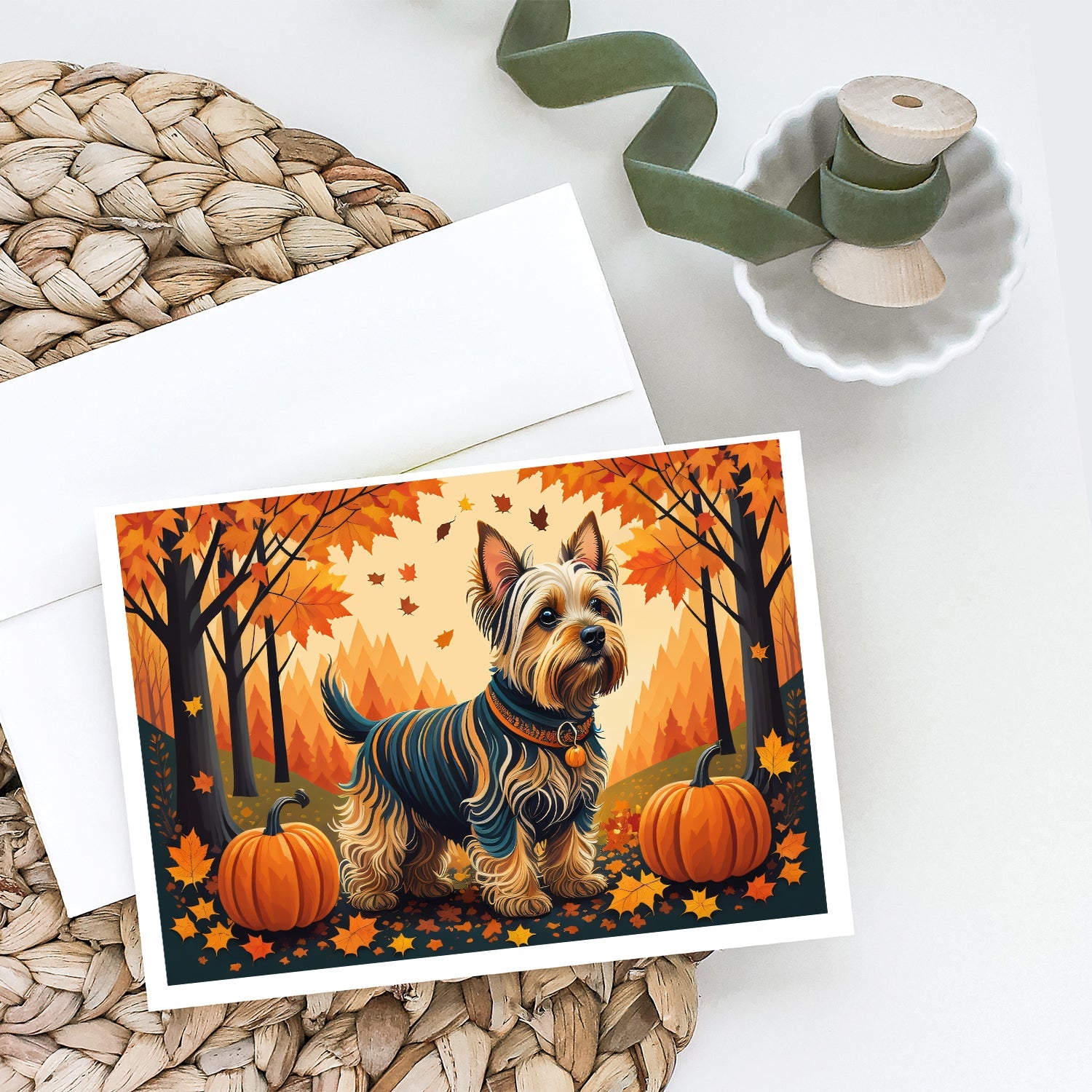 Silky Terrier Fall Greeting Cards Pack of 8 Blank Cards with Envelopes Whimsical A7 Size 5x7