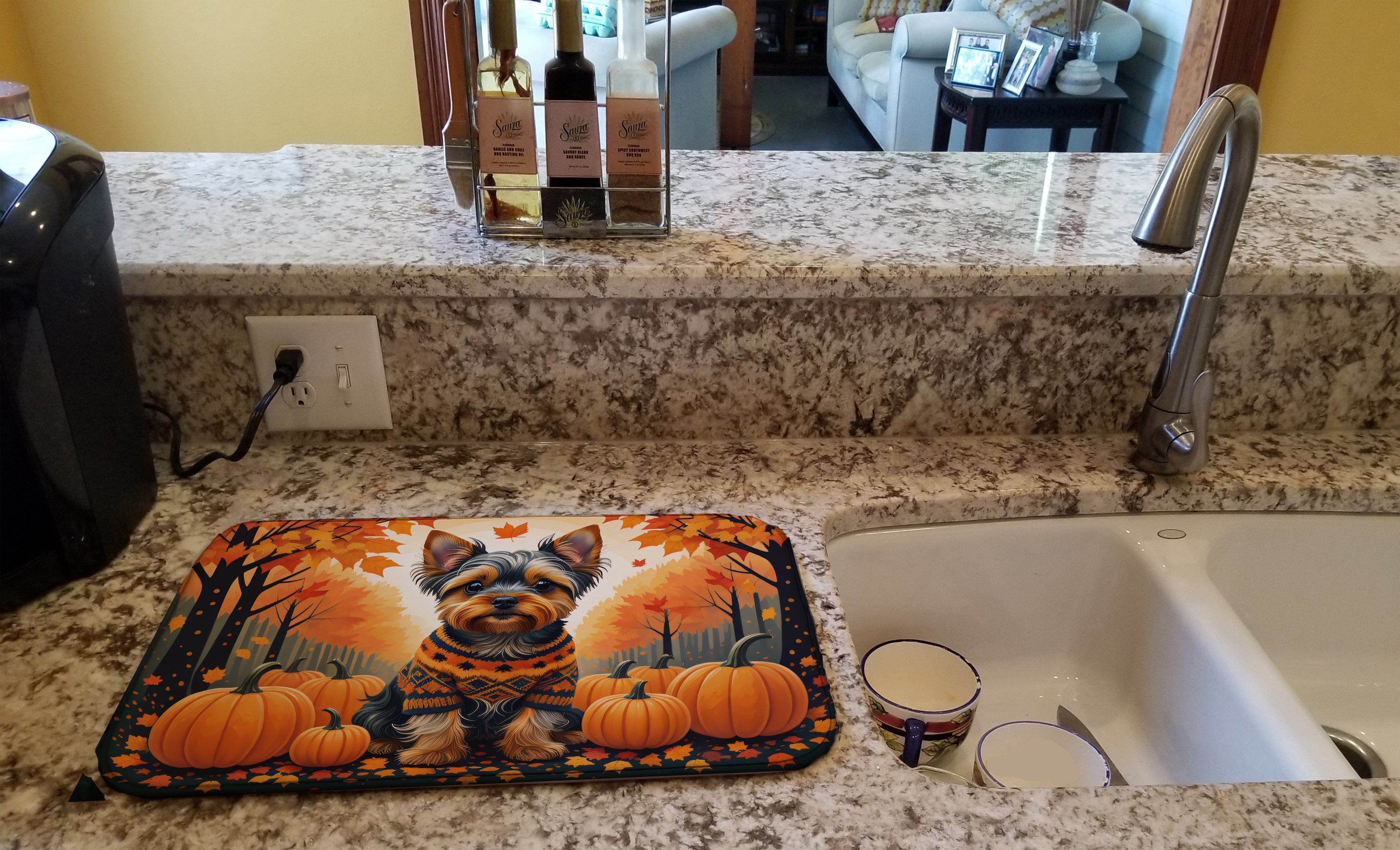 Yorkshire Terrier Fall Dish Drying Mat Absorbent Dish Drying Mat Pad for Kitchen Counter Dish Drainer Mat for Countertop, 14 x 21", Multicolor