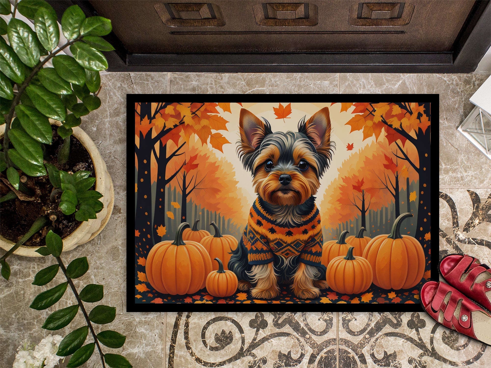 Yorkshire Terrier Fall Doormat Indoor Outdoor 18H X 27W Front Door Mat Rugs for Entryway, Non Slip Washable