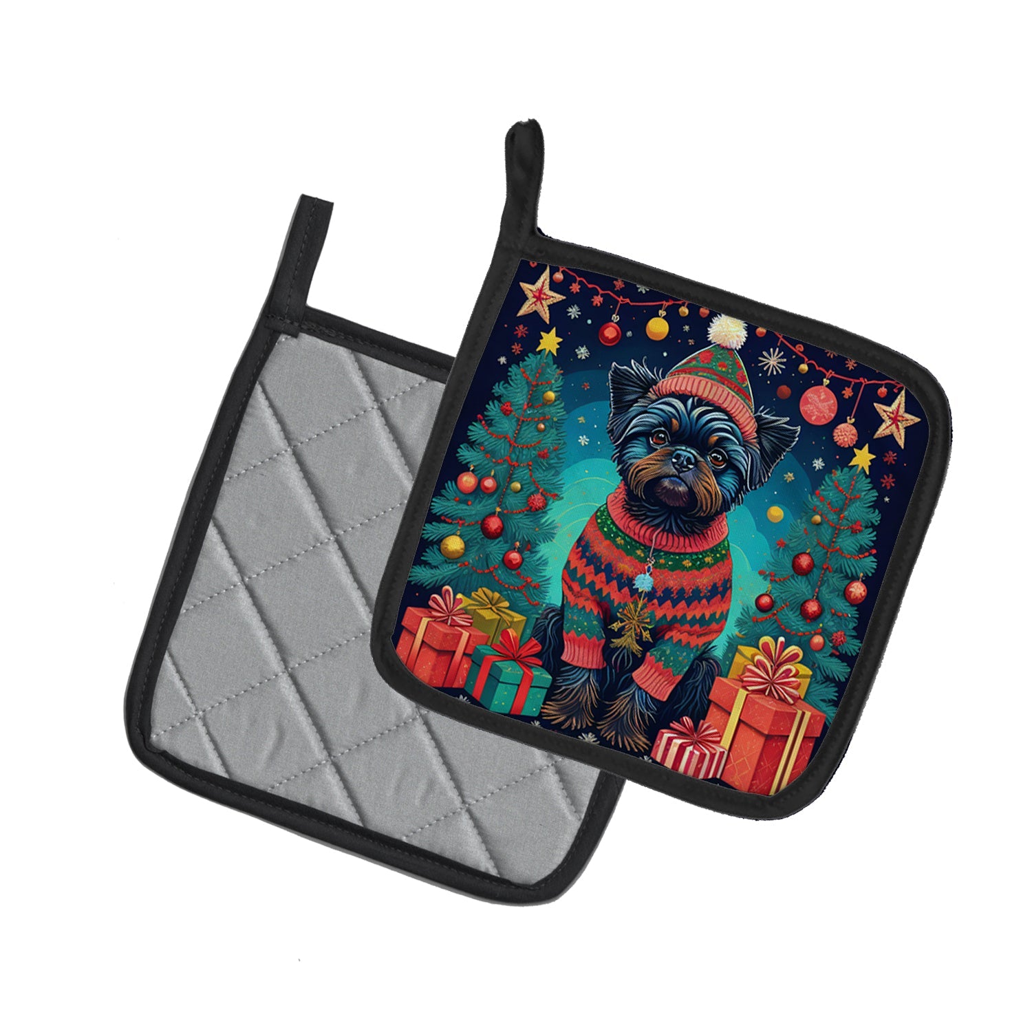 Affenpinscher Christmas Pot Holder Set of 2 Heat Resistant Quilted Hot Pads 7.5 x 7.5 Inch, Insulated Kitchen Trivets for Cooking & Baking