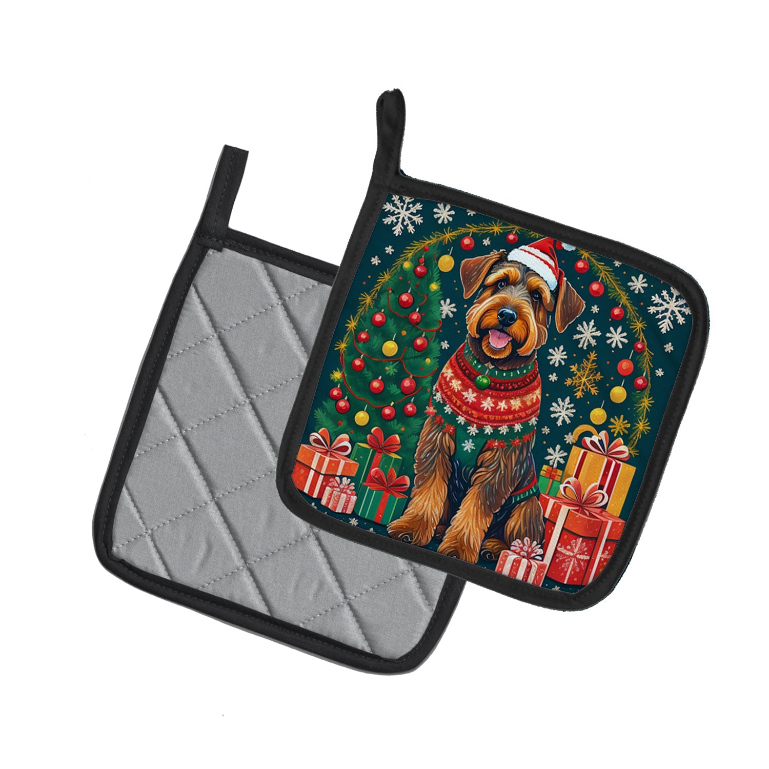 Airedale Terrier Christmas Pot Holder Set of 2 Heat Resistant Quilted Hot Pads 7.5 x 7.5 Inch, Insulated Kitchen Trivets for Cooking & Baking