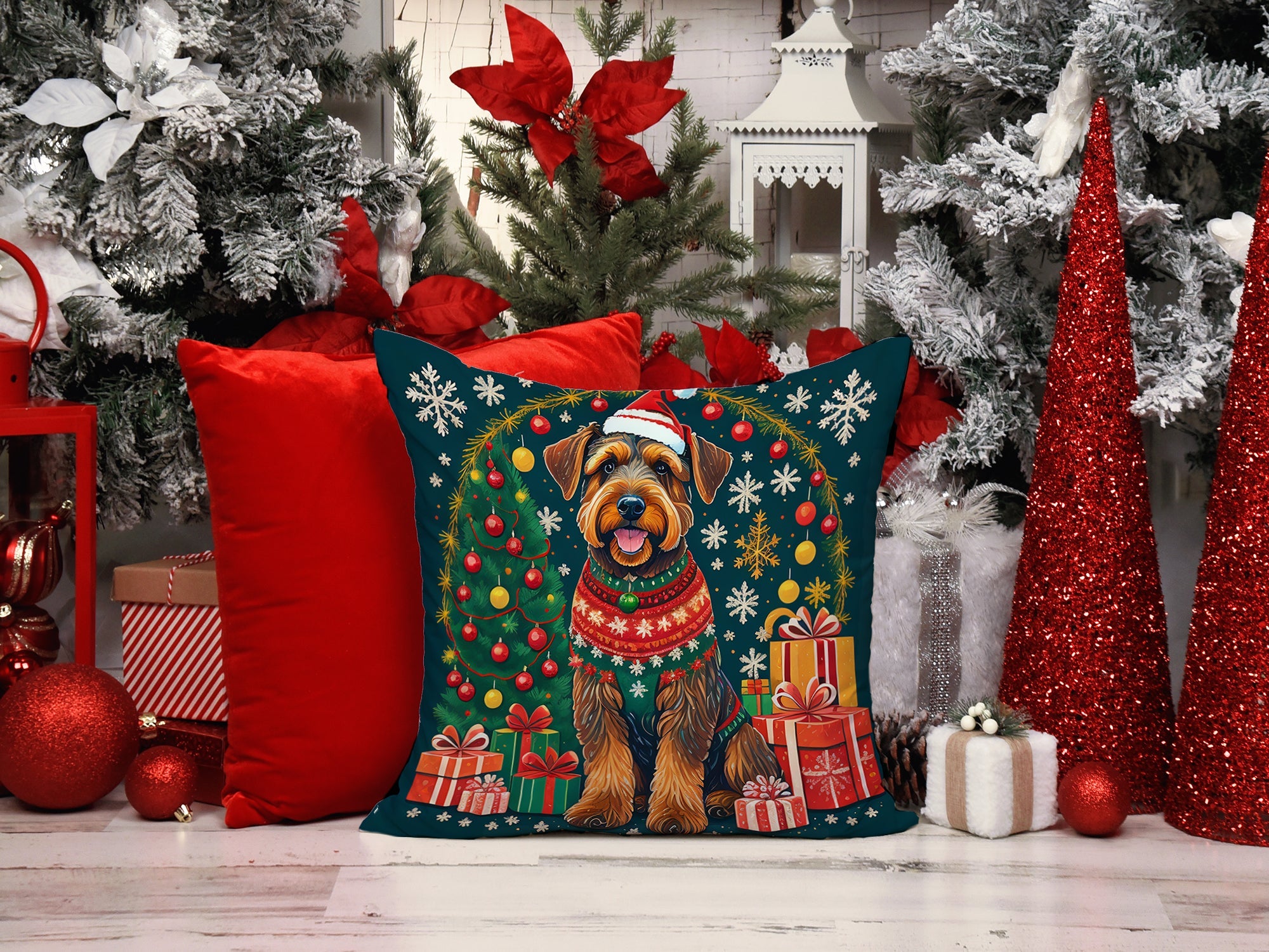 Airedale Terrier Christmas Decorative Throw Pillow 18x18 Indoor Outdoor Accent Cushion, Fabric Cover with Insert for Sofa, Bed, Porch & Living Room