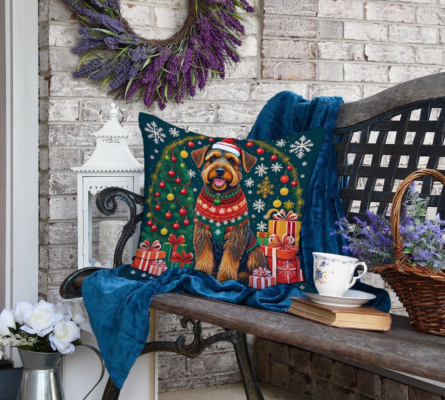 Airedale Terrier Christmas Decorative Throw Pillow 18x18 Indoor Outdoor Accent Cushion, Fabric Cover with Insert for Sofa, Bed, Porch & Living Room