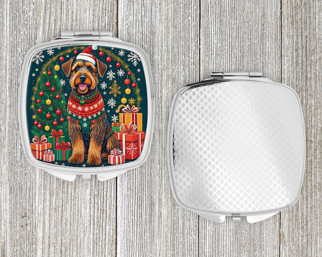 Airedale Terrier Christmas Compact Mirror Decorative Travel Makeup Mirror for Women Girls Gifts Pocket Makeup Mirror Folding Handheld