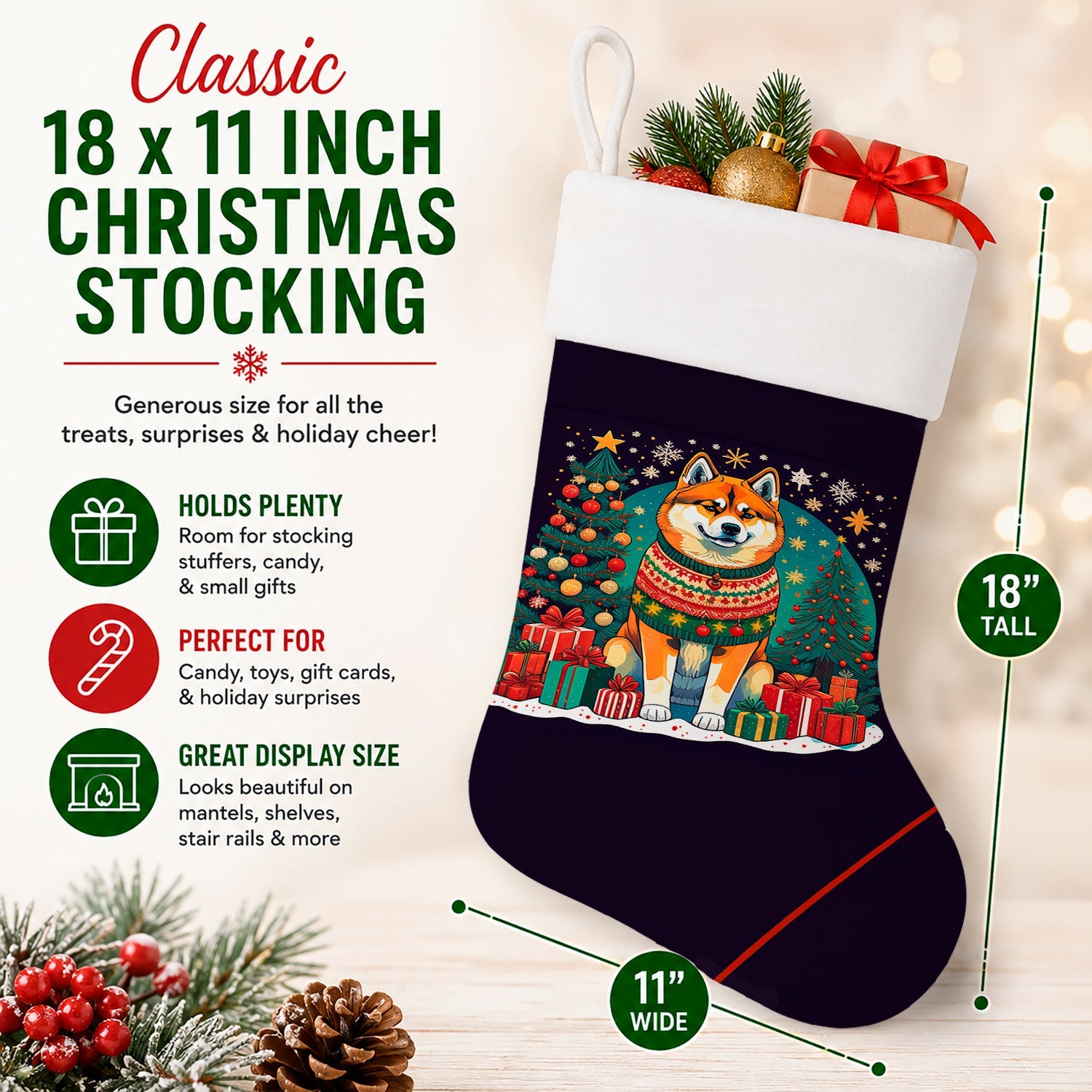 Akita Christmas Holiday Stocking Double-Sided Print, Polyester Suede,11x18, Made in USA