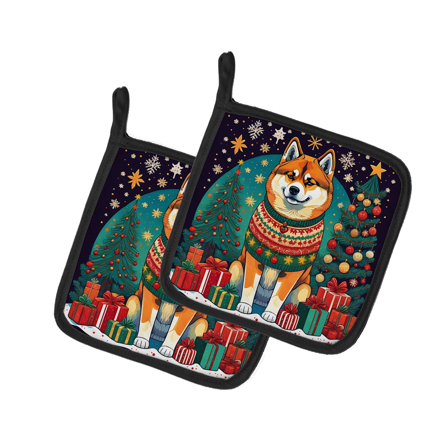 Akita Christmas Pot Holder Set of 2 Heat Resistant Quilted Hot Pads 7.5 x 7.5 Inch, Insulated Kitchen Trivets for Cooking & Baking