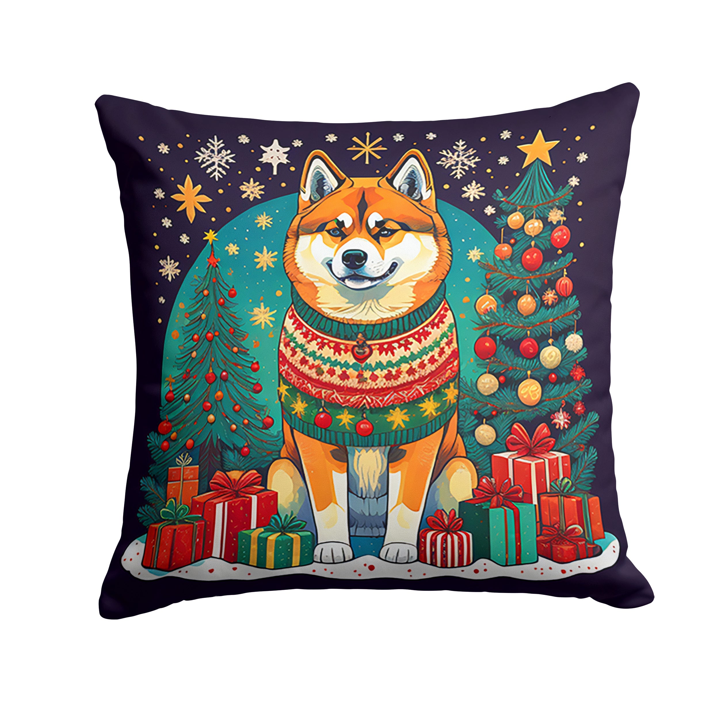 Akita Christmas Decorative Throw Pillow 14x14 Indoor Outdoor Accent Cushion, Fabric Cover with Insert for Sofa, Bed, Porch & Living Room