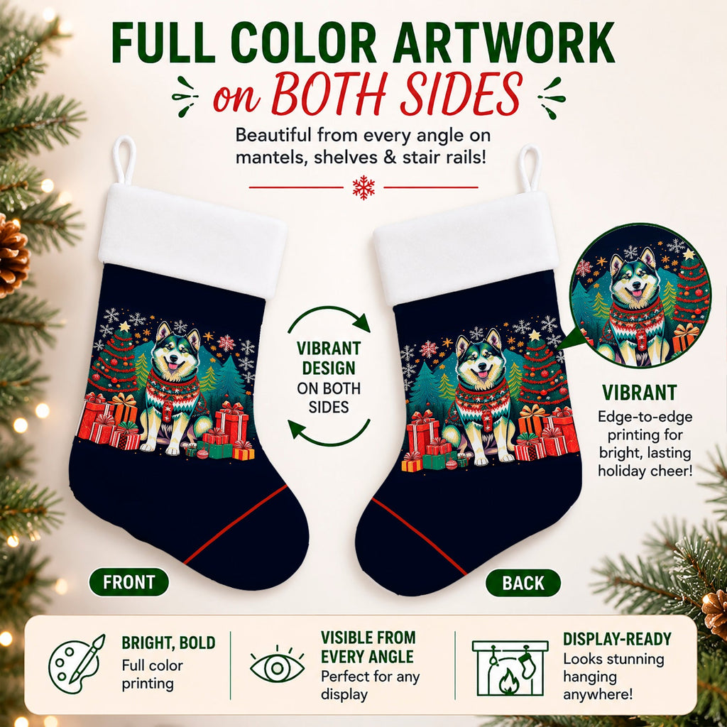 Alaskan Malamute Christmas Holiday Stocking Double-Sided Print, Polyester Suede,11x18, Made in USA