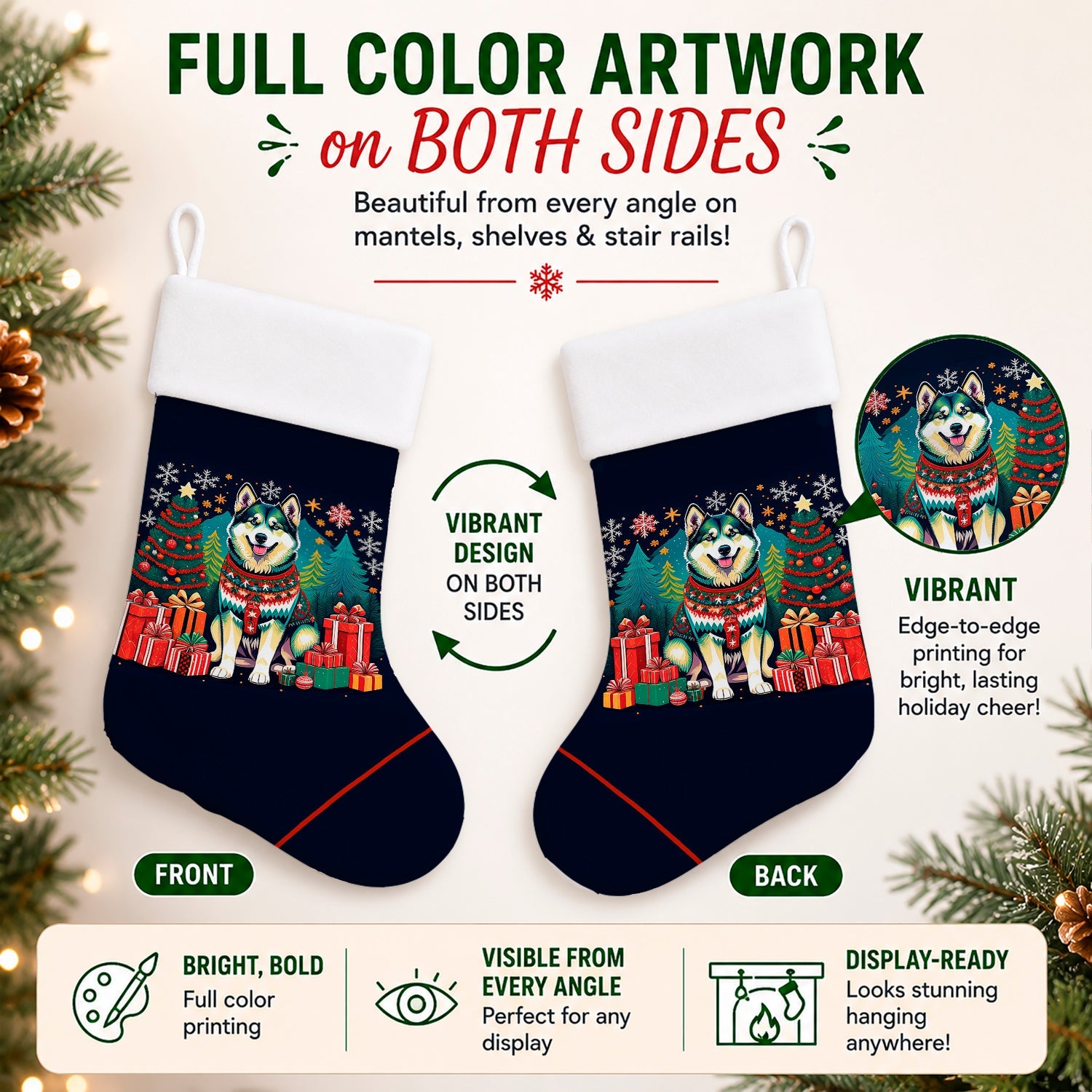 Alaskan Malamute Christmas Holiday Stocking Double-Sided Print, Polyester Suede,11x18, Made in USA