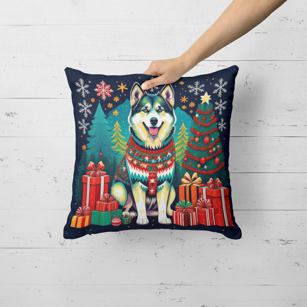 Alaskan Malamute Christmas Decorative Throw Pillow 14x14 Indoor Outdoor Accent Cushion, Fabric Cover with Insert for Sofa, Bed, Porch & Living Room