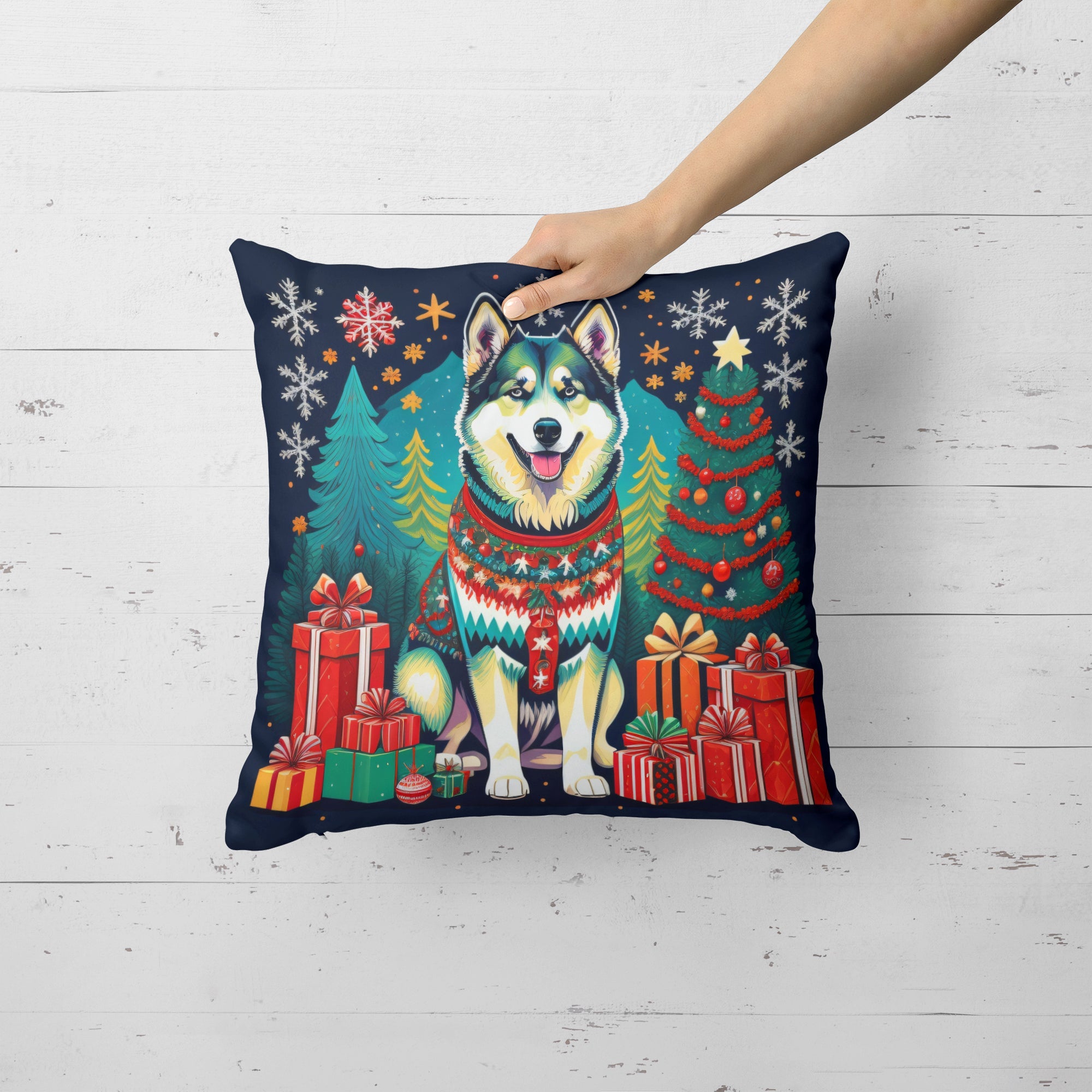 Alaskan Malamute Christmas Decorative Throw Pillow 14x14 Indoor Outdoor Accent Cushion, Fabric Cover with Insert for Sofa, Bed, Porch & Living Room