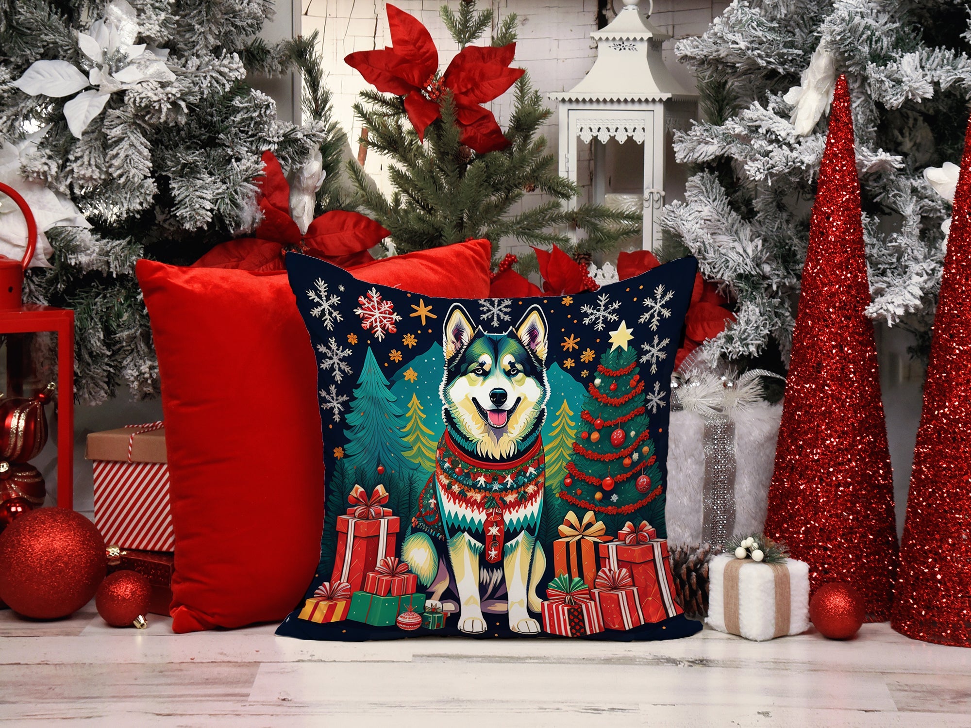 Alaskan Malamute Christmas Decorative Throw Pillow 14x14 Indoor Outdoor Accent Cushion, Fabric Cover with Insert for Sofa, Bed, Porch & Living Room