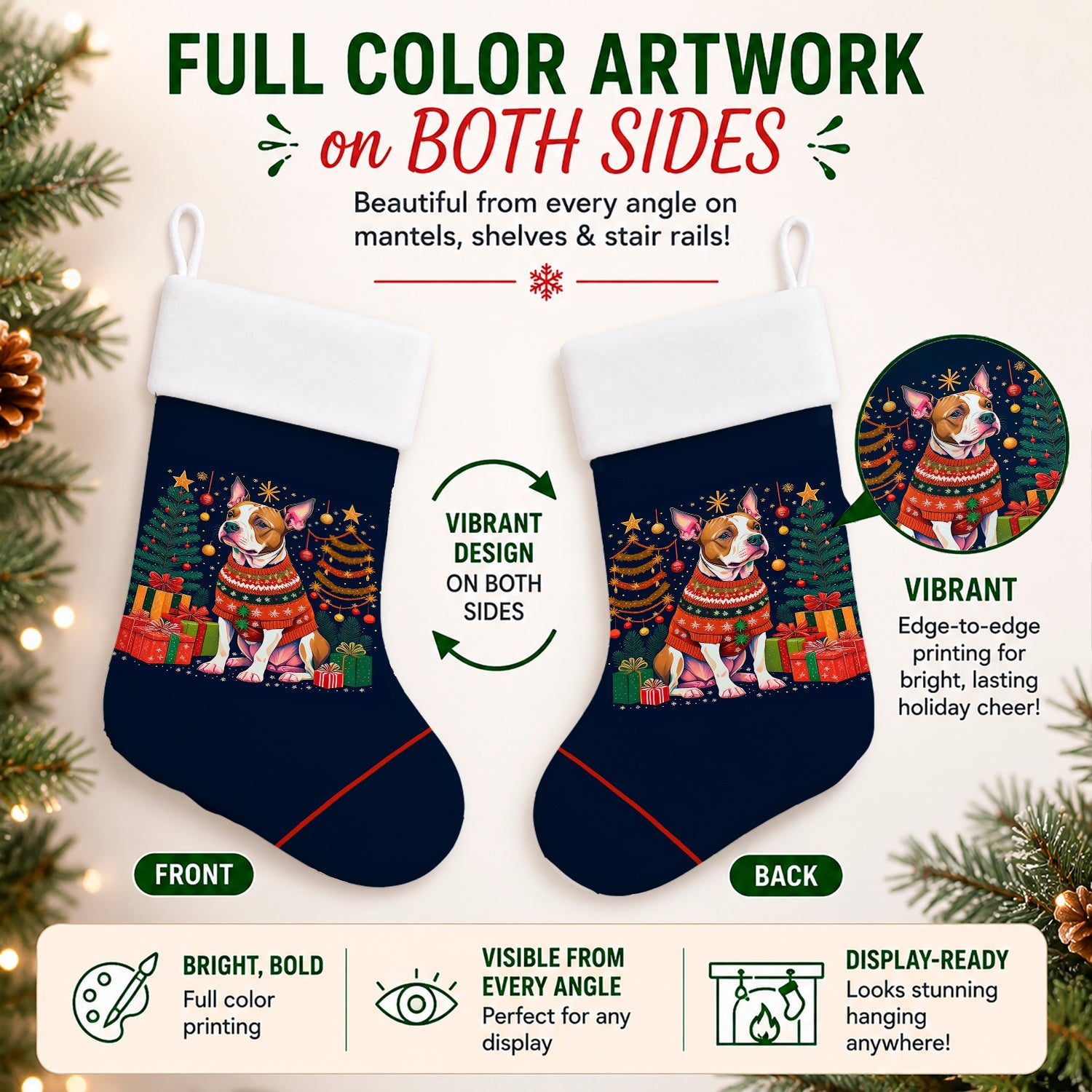 Pit Bull Terrier Christmas Holiday Stocking Double-Sided Print, Polyester Suede,11x18, Made in USA