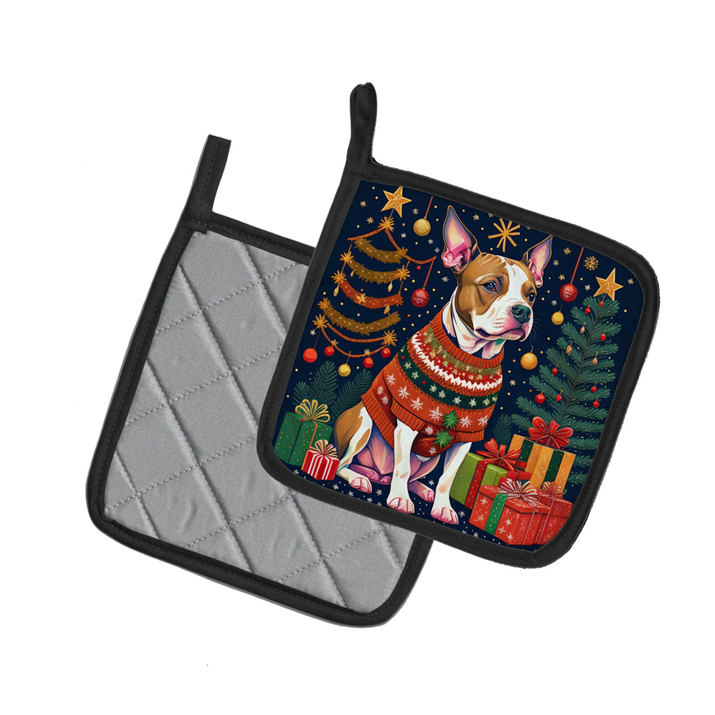 Pit Bull Terrier Christmas Pot Holder Set of 2 Heat Resistant Quilted Hot Pads 7.5 x 7.5 Inch, Insulated Kitchen Trivets for Cooking & Baking