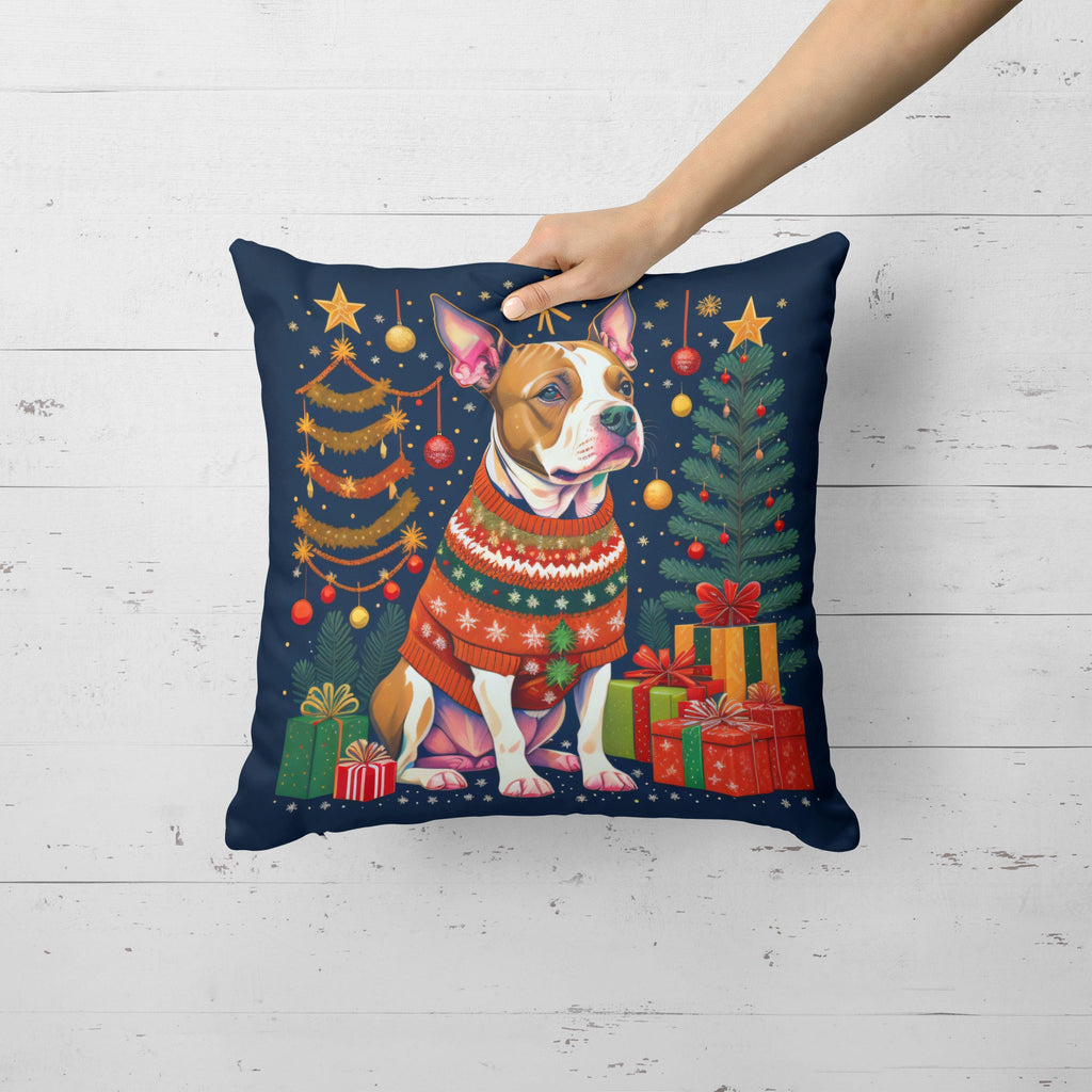 Pit Bull Terrier Christmas Decorative Throw Pillow 14x14 Indoor Outdoor Accent Cushion, Fabric Cover with Insert for Sofa, Bed, Porch & Living Room